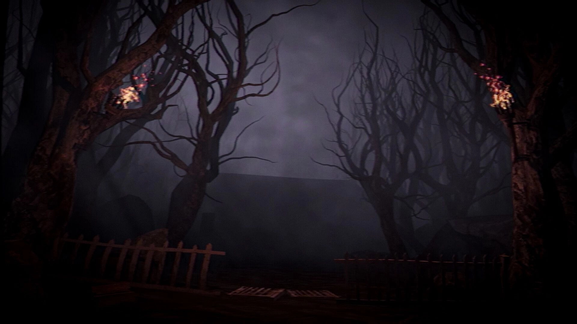 The Saint: Gloomy forest with twisted trees and glowing symbols in a foggy, eerie atmosphere.