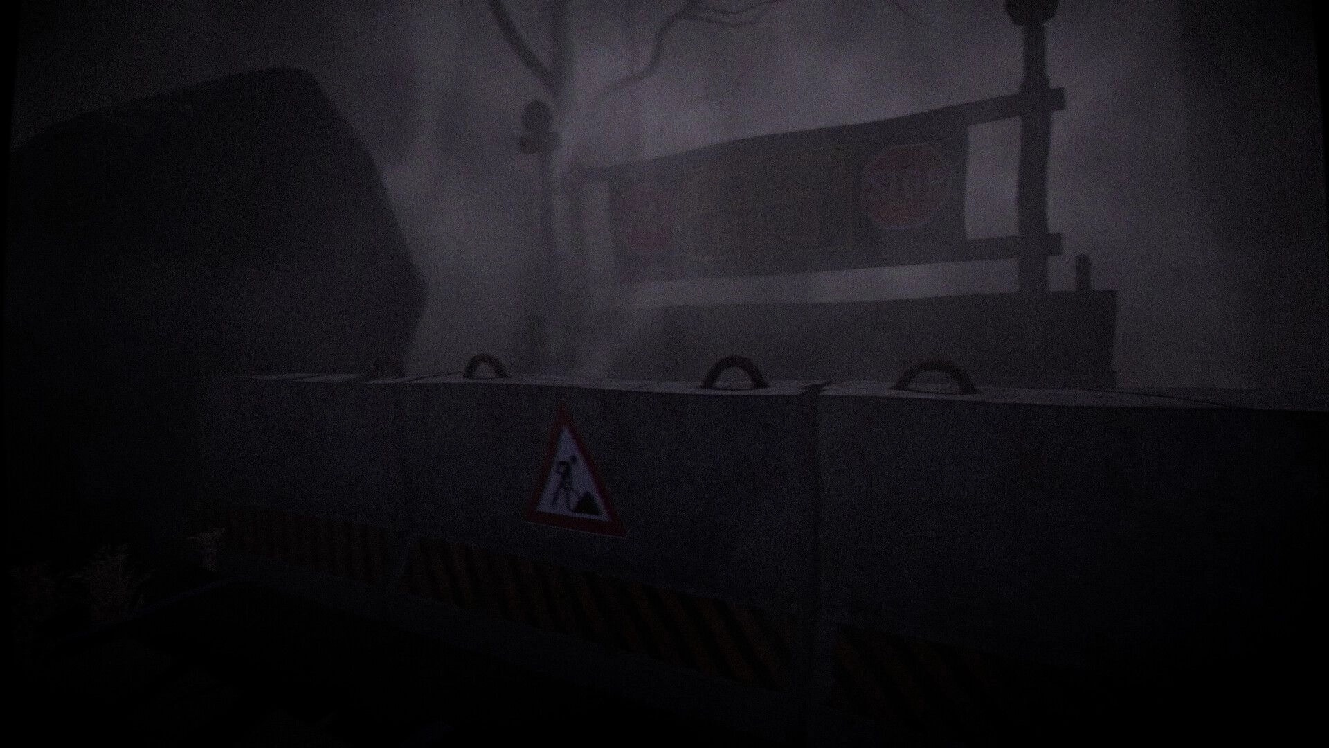 The Saint: Foggy construction barrier with caution sign in eerie, dimly lit environment