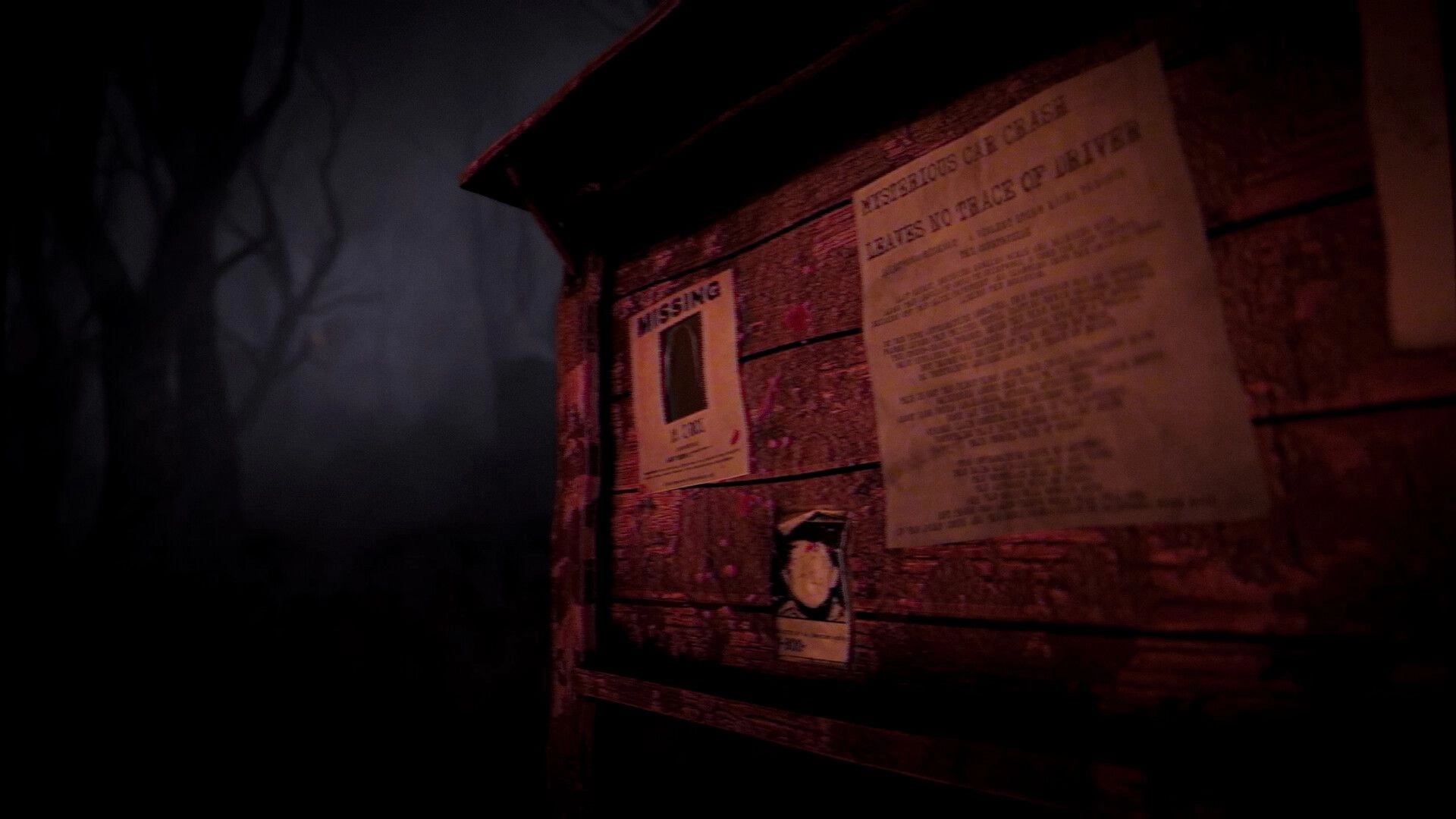 The Saint: Missing person posters on a wooden board in a foggy, eerie forest setting