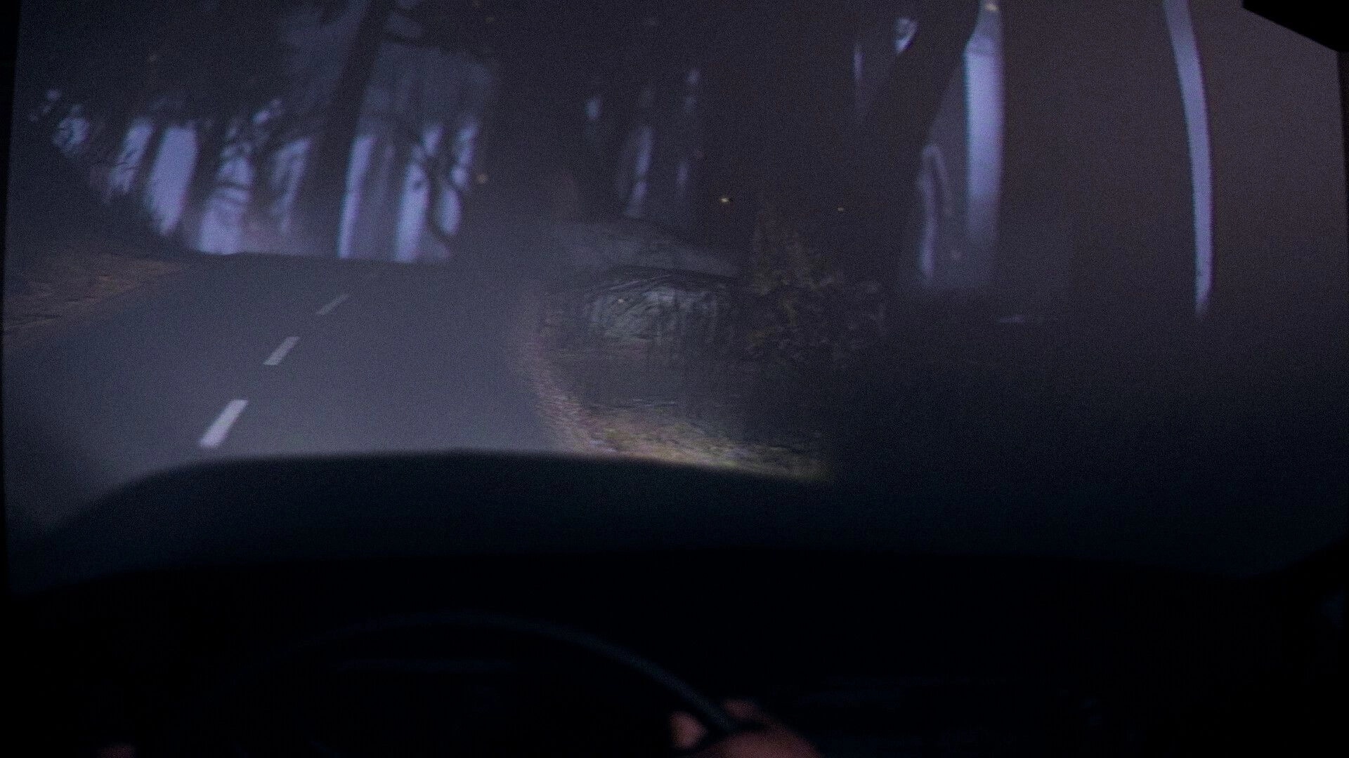 The Saint: Driving through a foggy, dimly lit forest road with mysterious shadows looming ahead