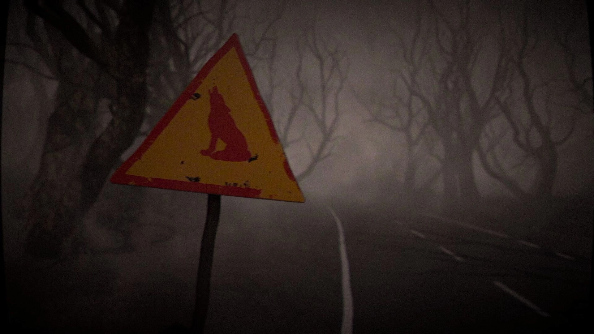 The Saint: Eerie foggy road with a warning sign, surrounded by twisted, leafless trees in dense mist.