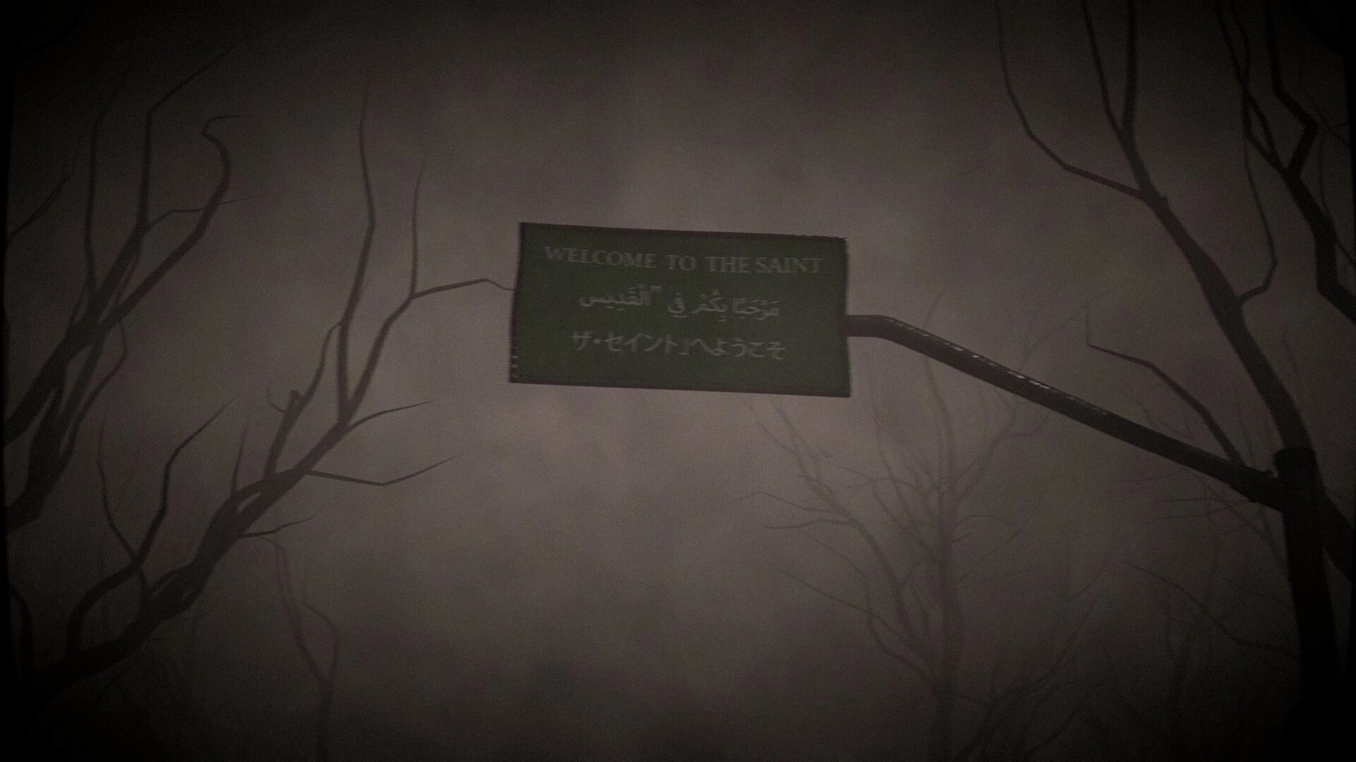 The Saint: Eerie sign with multiple languages in foggy, barren landscape with twisted tree silhouettes