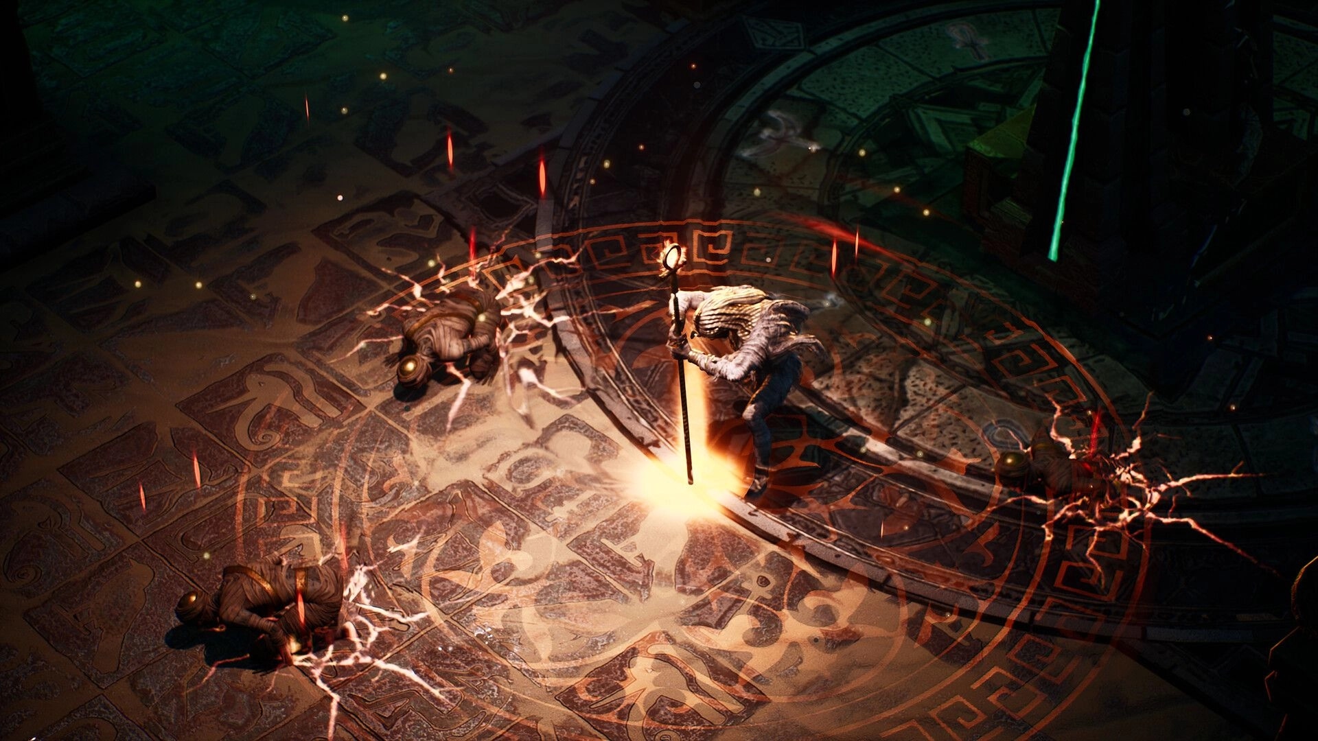 The Shadow Beneath: Warrior slams staff, electric shockwave hits mummies on a glyph-tiled tomb floor.
