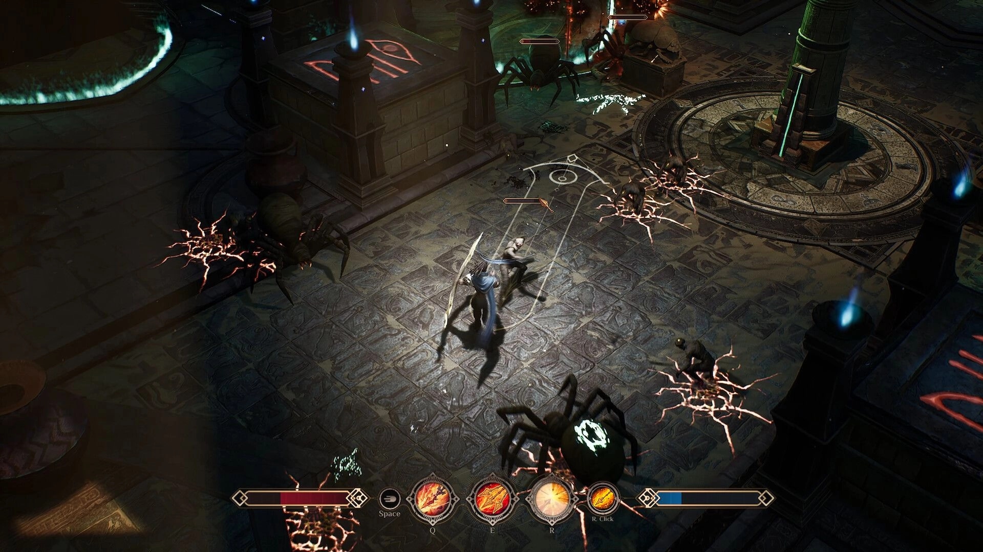 The Shadow Beneath: Player swings a blade at giant spiders in a torchlit tomb with skill bar UI.