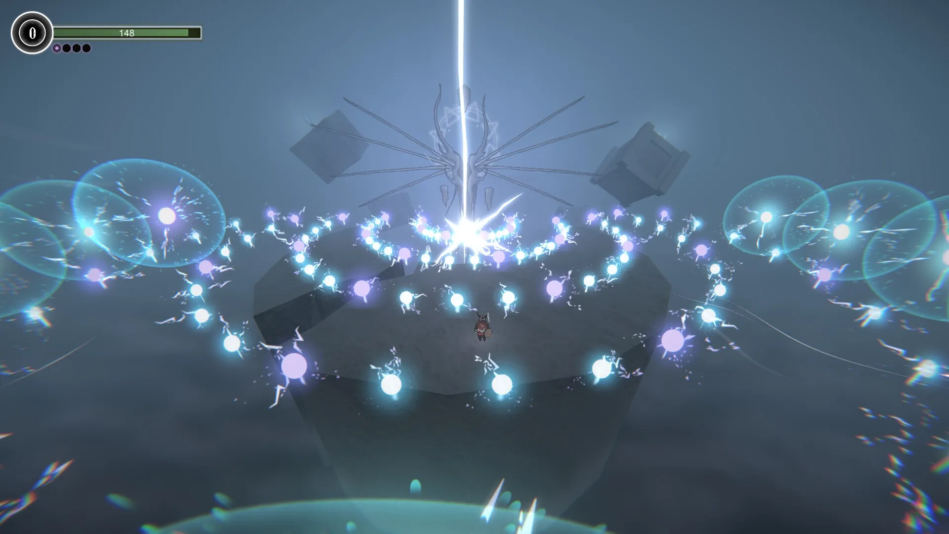The Shaman's Ark: Shaman surrounded by glowing orbs and energy beams on a floating island in misty sky