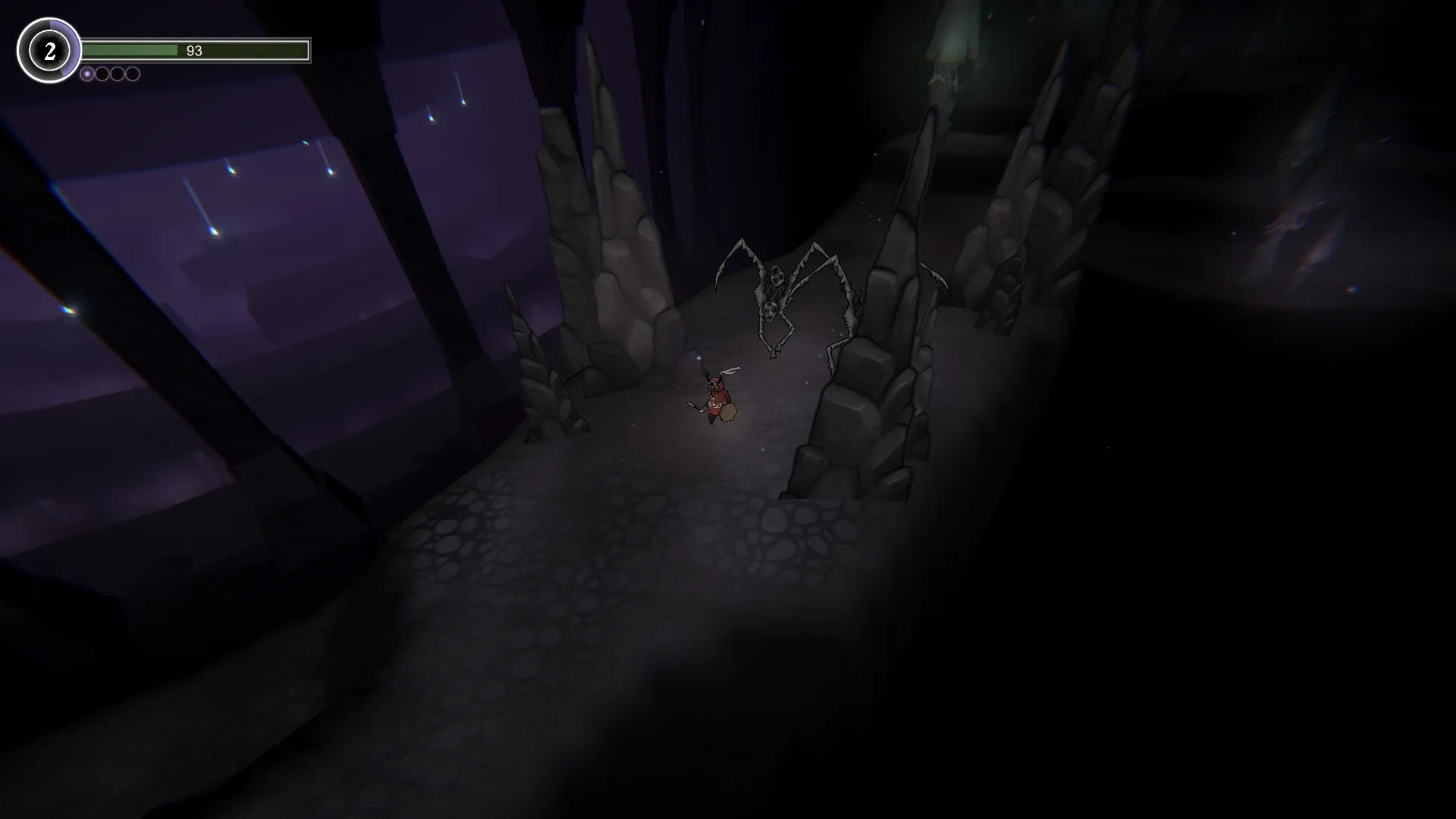 The Shaman's Ark: Shaman battles a skeletal creature in a dark, rocky cavern with a purple sky above.
