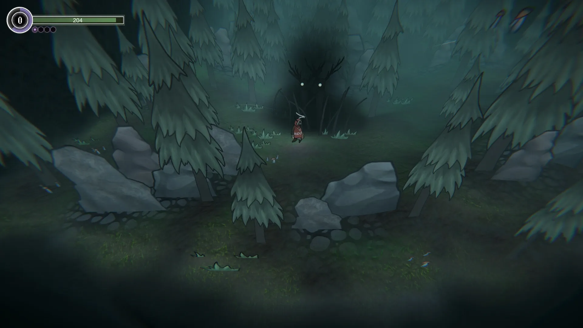 The Shaman's Ark: The Shaman explores dark forest clearing, health bar visible in top-left corner.