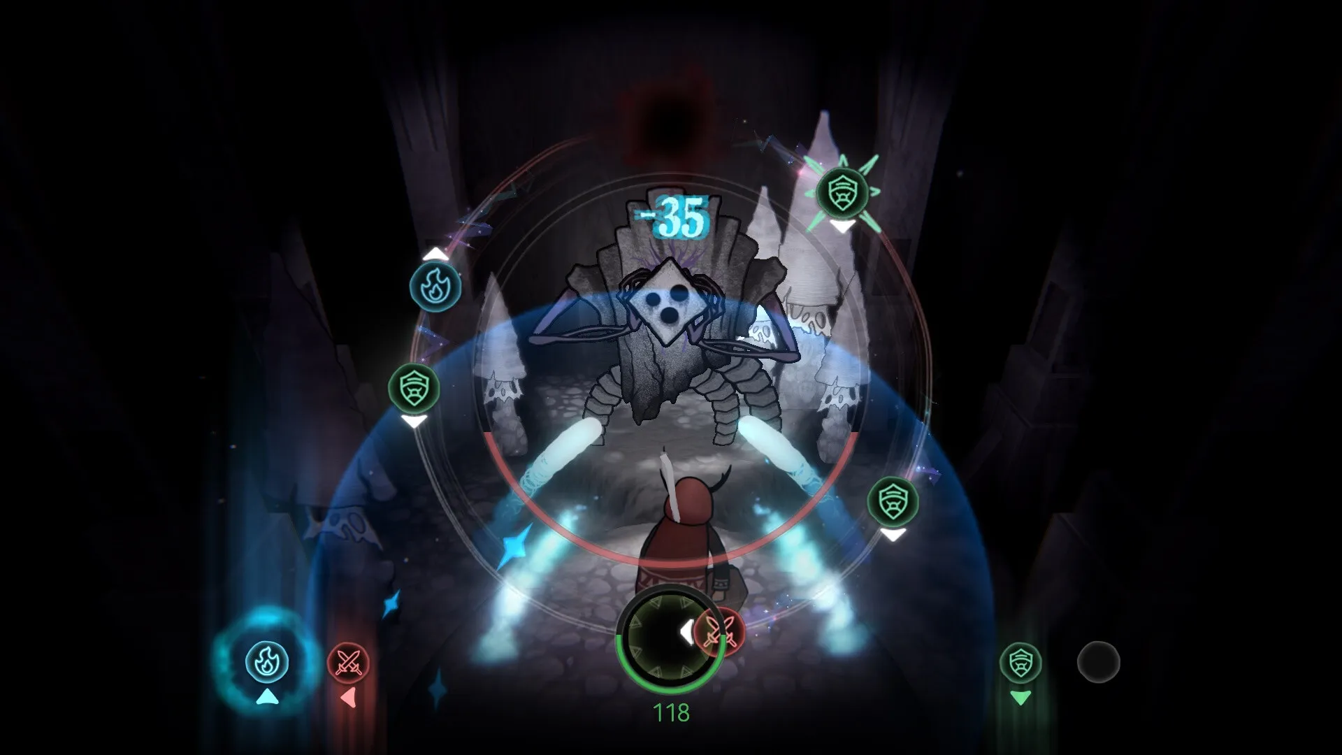 The Shaman's Ark: Shaman battling a giant monster with rhythm combat UI in a dark cavern environment