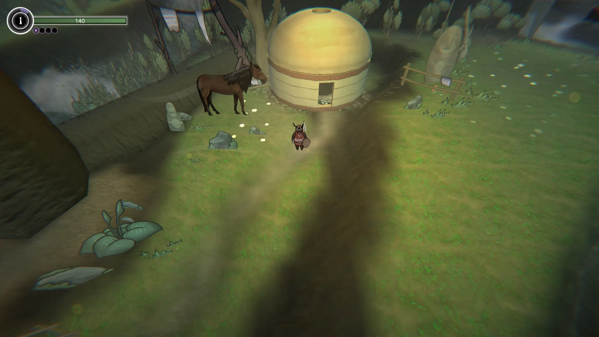 The Shaman's Ark: Shaman explores grassy village with a horse near a hut and stone statue in daylight.