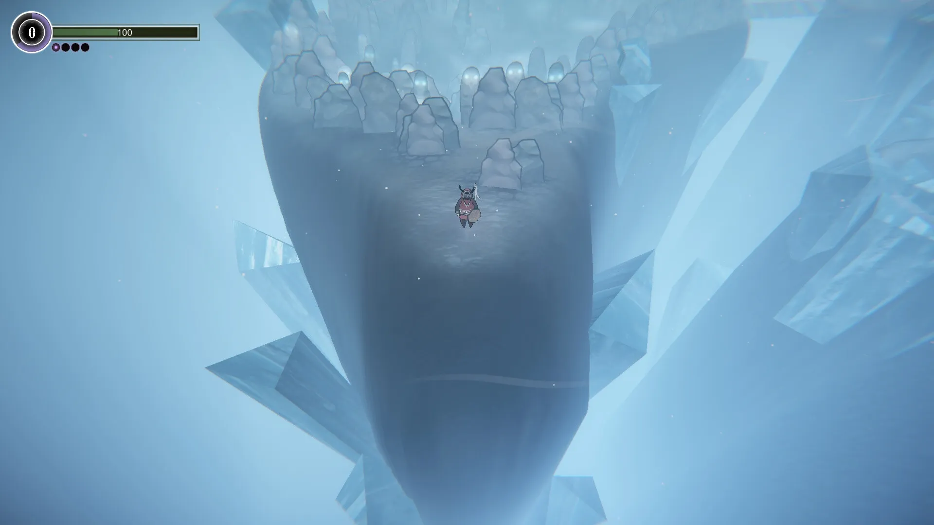 The Shaman's Ark: Lone shaman traverses icy path surrounded by towering crystals in a mystical glacier.