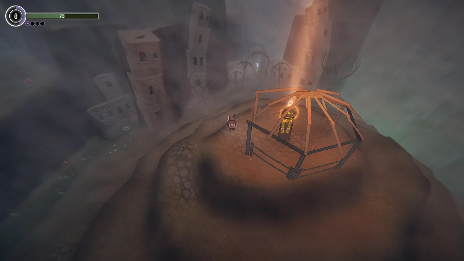 The Shaman's Ark: Shaman exploring misty ruins near glowing altar on a foggy hilltop with health bar visible
