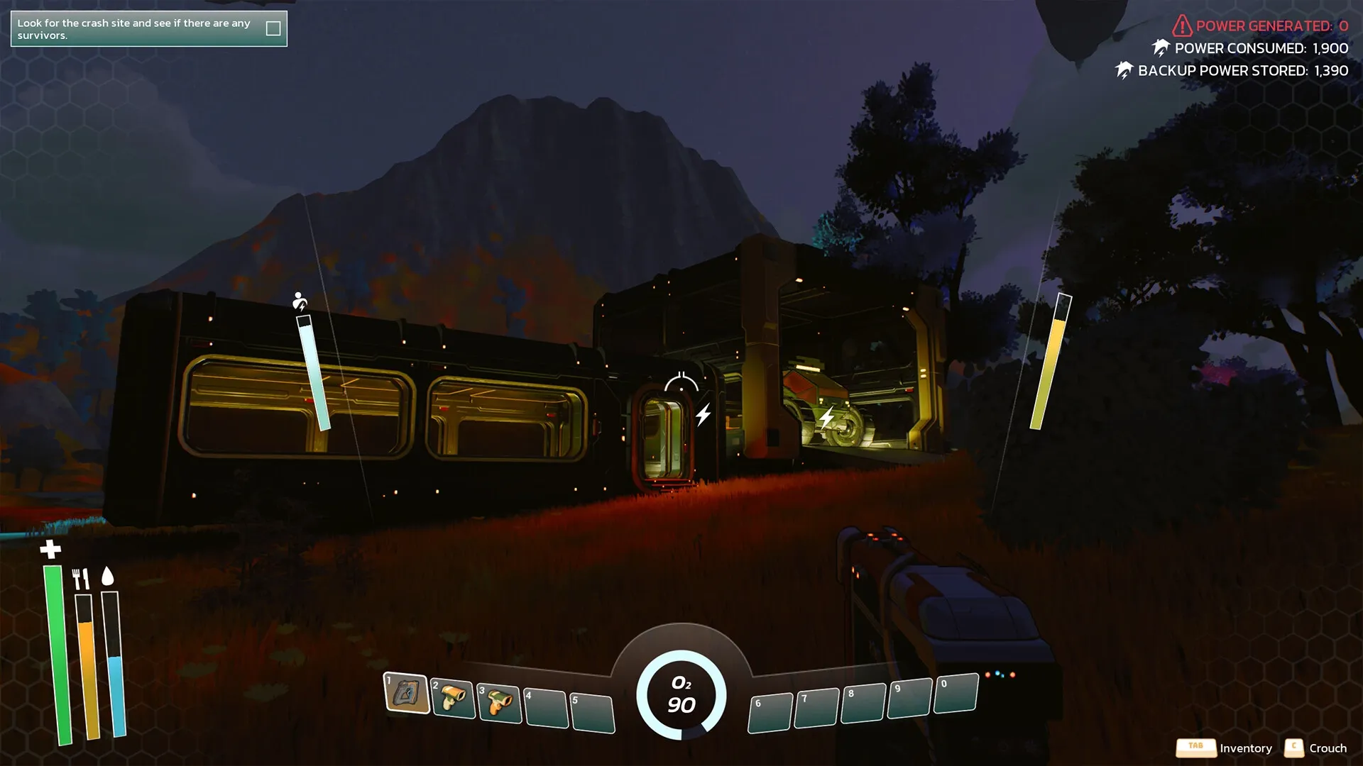 THE SIGNAL: Player approaches illuminated base at night with health and oxygen levels on screen display