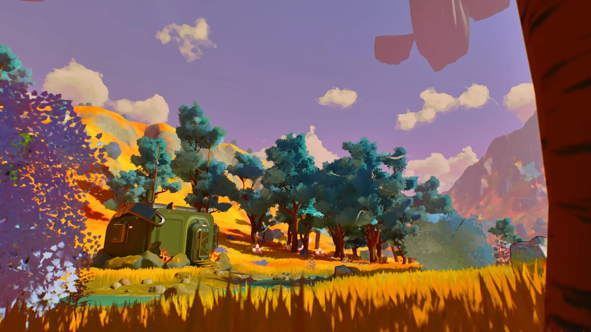 THE SIGNAL: Small green outpost nestled in vibrant alien forest with colorful trees and rocky hills