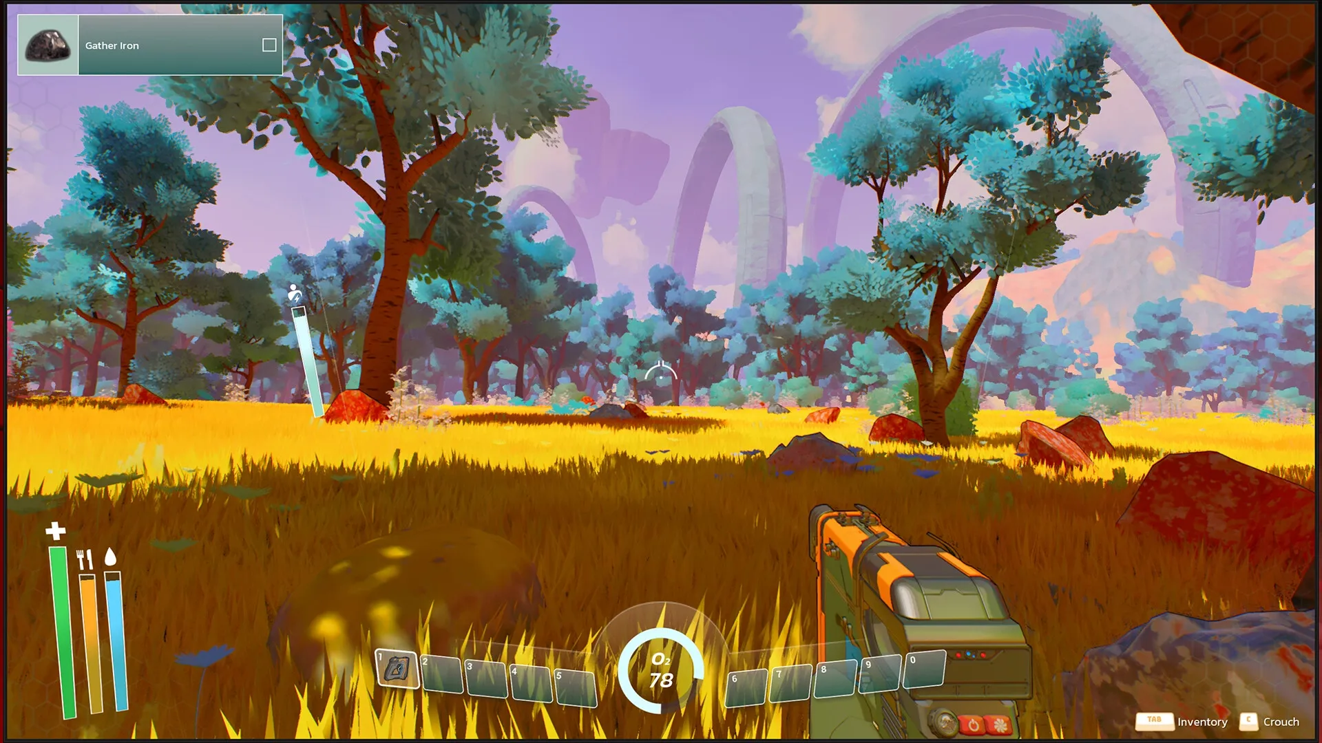 THE SIGNAL: First-person view exploring vibrant forest with task to gather iron in alien landscape