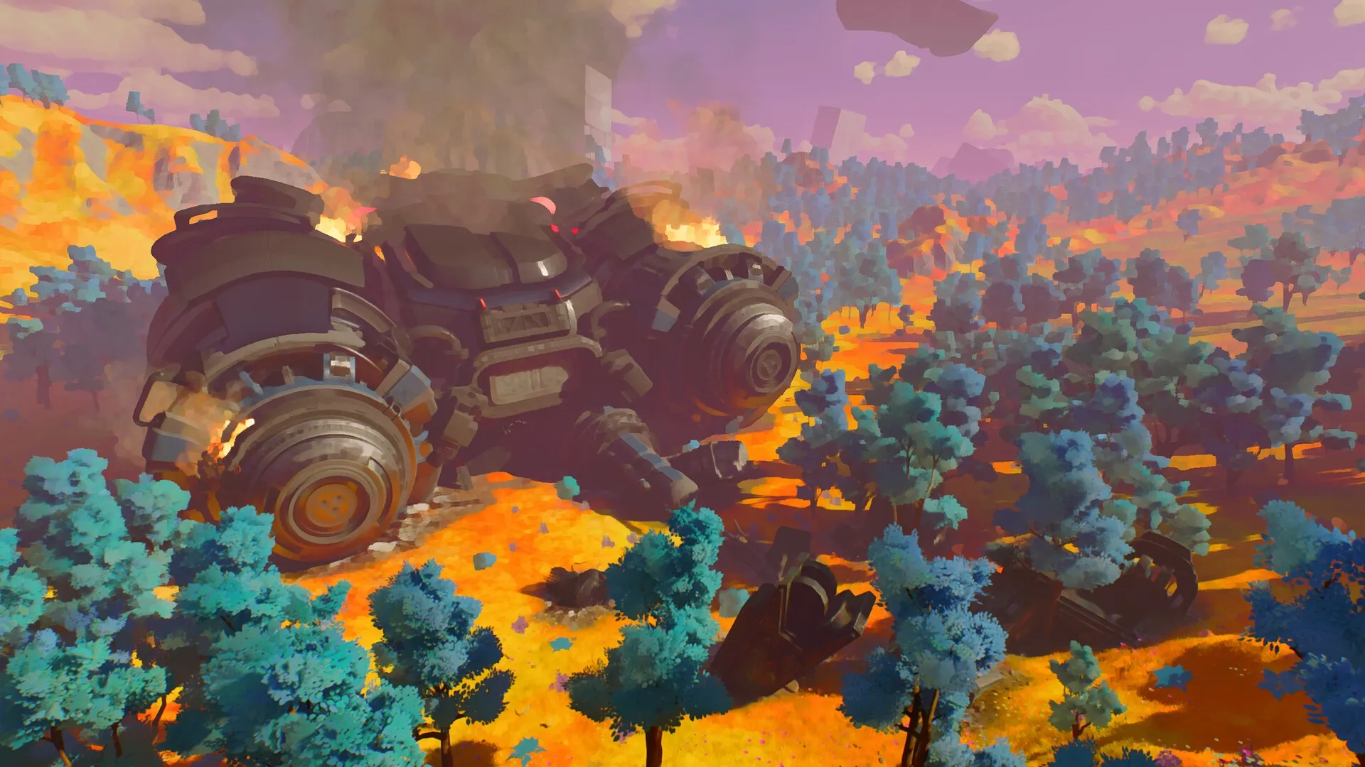 THE SIGNAL: Crashed spaceship smoldering in colorful alien forest with vibrant trees and hills in distance
