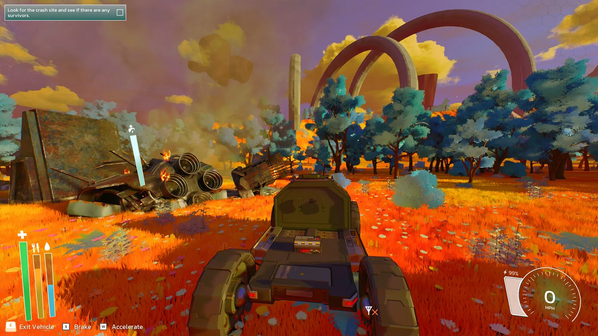 THE SIGNAL: Vehicle approaching crash site in vibrant forest with UI elements showing health and speed