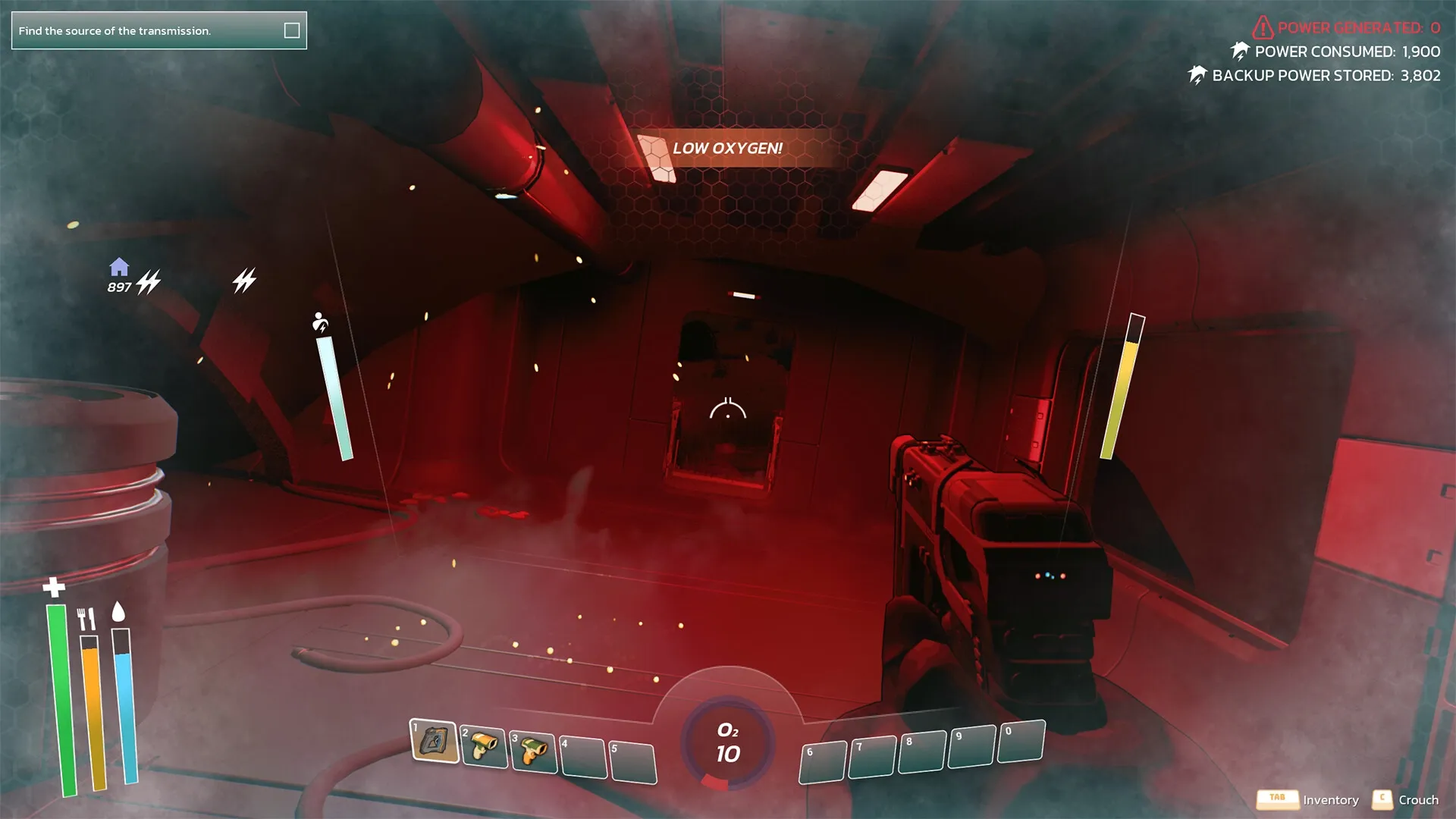 THE SIGNAL: Player with low oxygen in dimly lit red corridor, health and inventory HUD visible