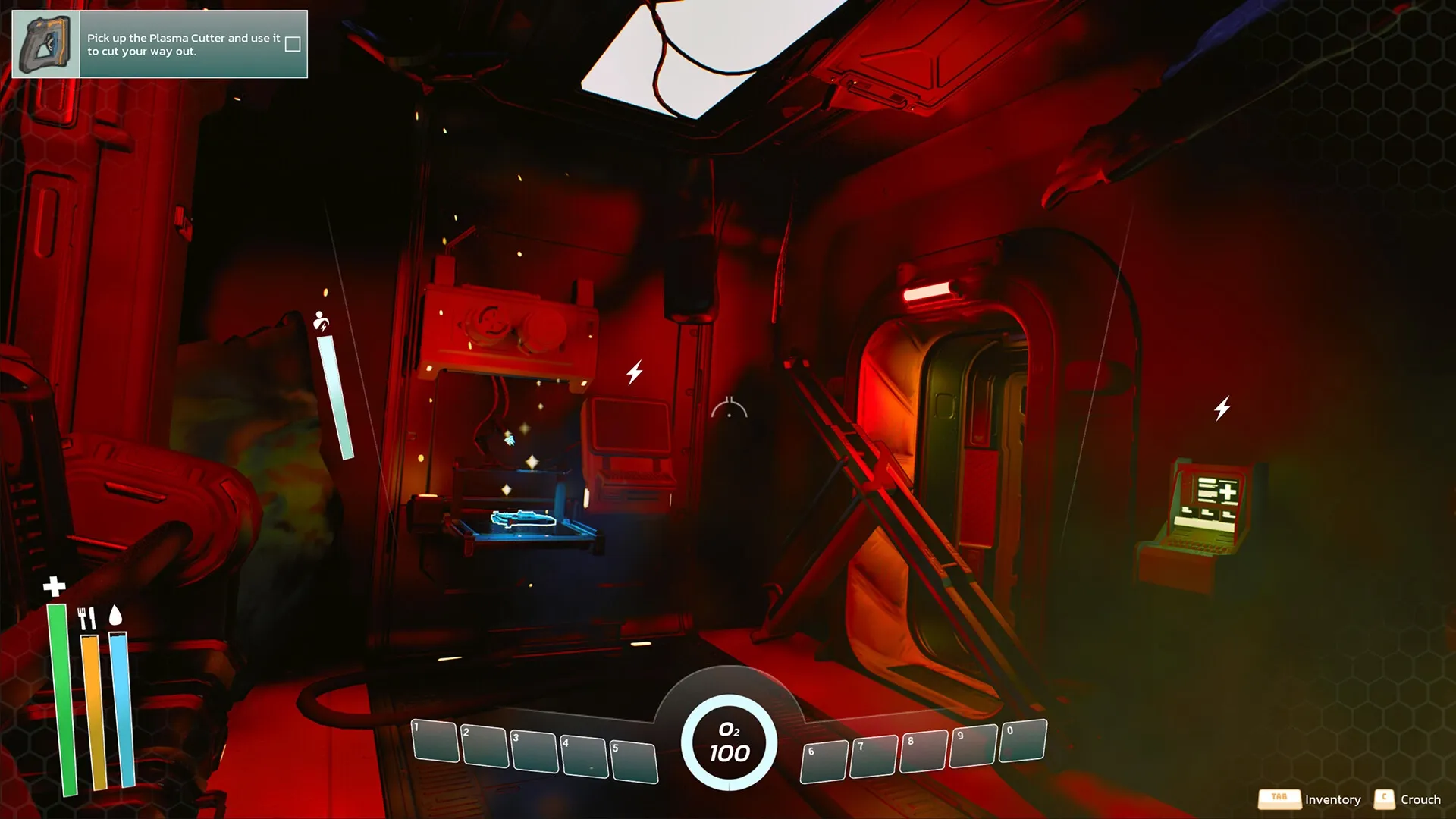 THE SIGNAL: Plasma cutter on workbench in dimly lit red room with health and oxygen HUD displayed