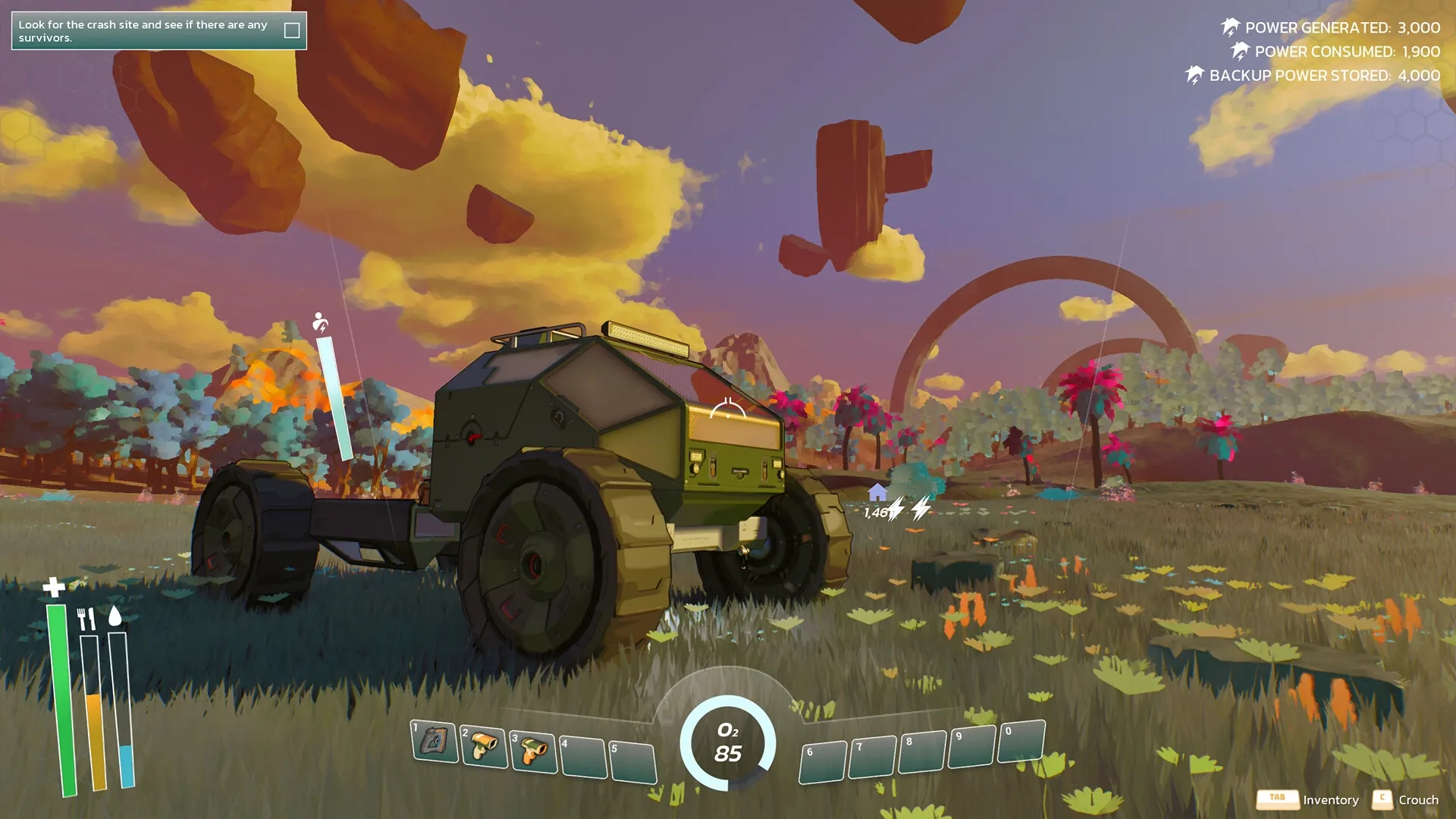 THE SIGNAL: Vehicle exploration in vibrant alien landscape with UI showing oxygen and inventory slots