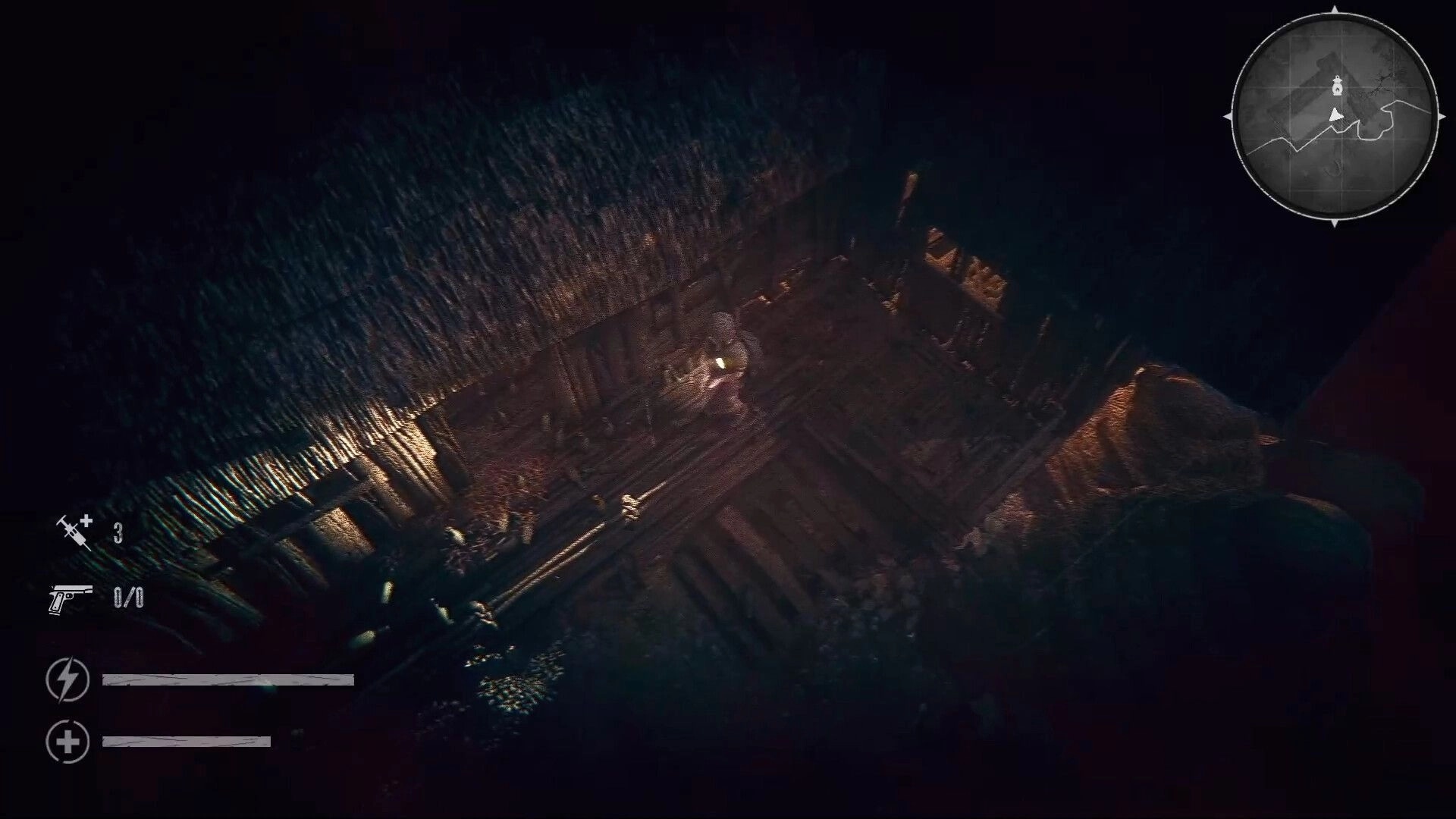 The Silent Jungle: Soldier explores dimly lit hut interior with health and ammo indicators on screen