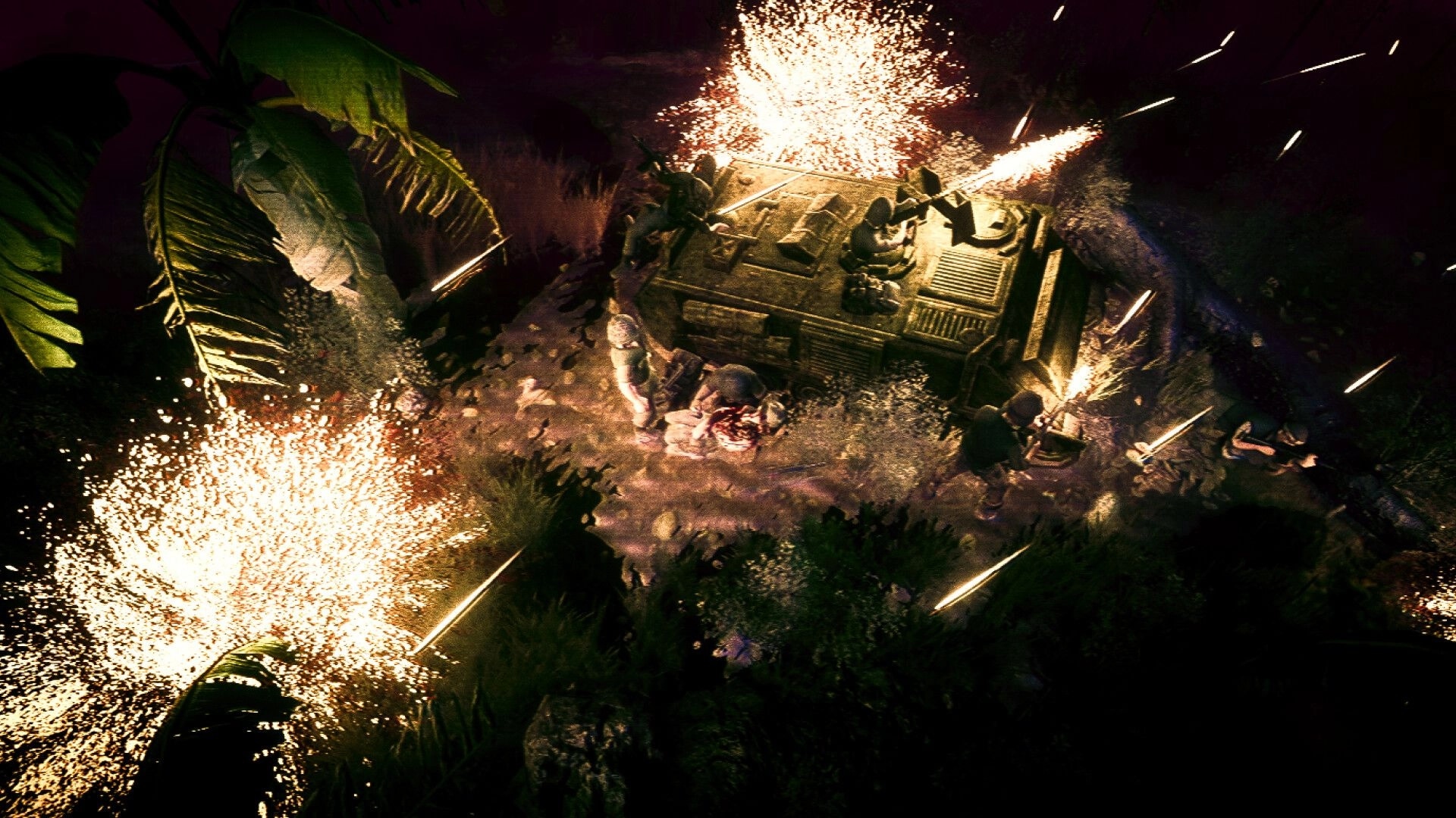 The Silent Jungle: Soldiers defending against an ambush near a bunker in a dense, dark jungle setting.