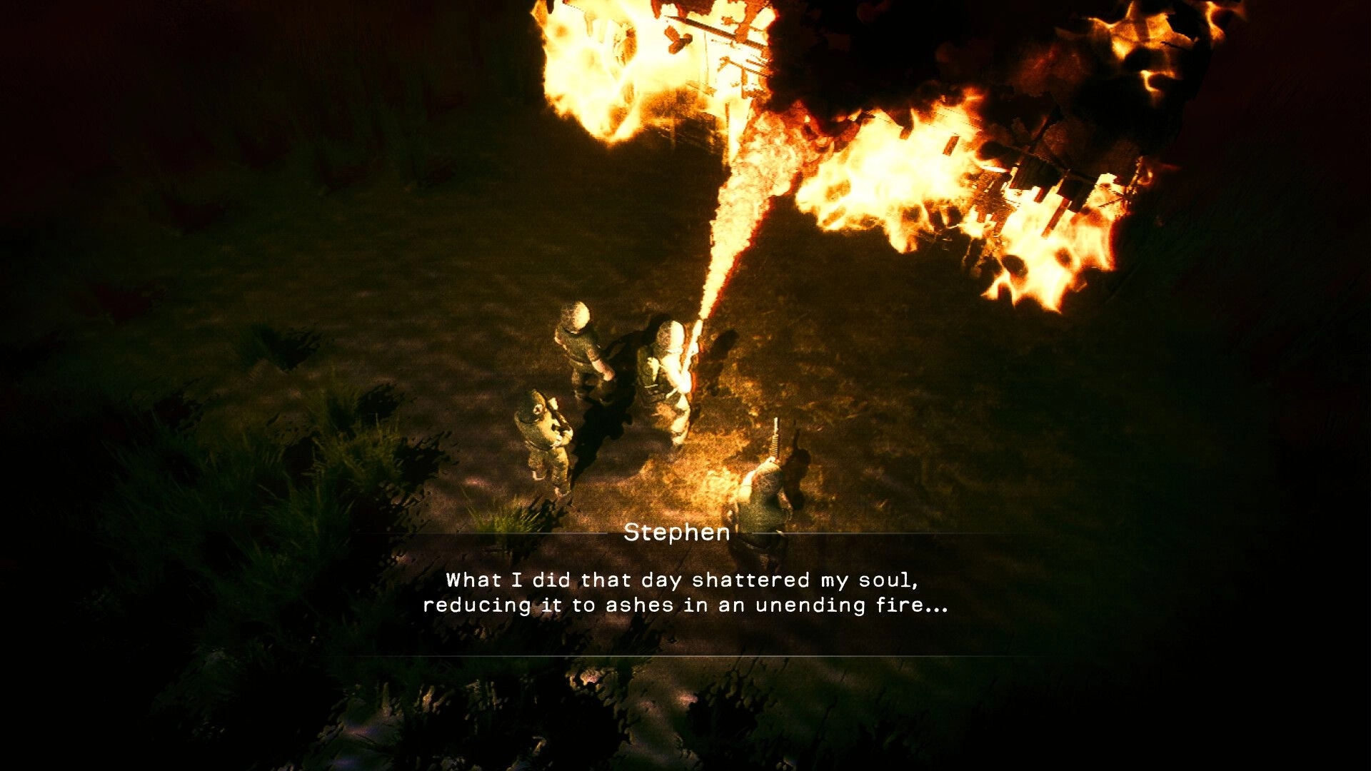 The Silent Jungle: Stephen with soldiers around a burning wreck, reflecting in the haunted jungle night.