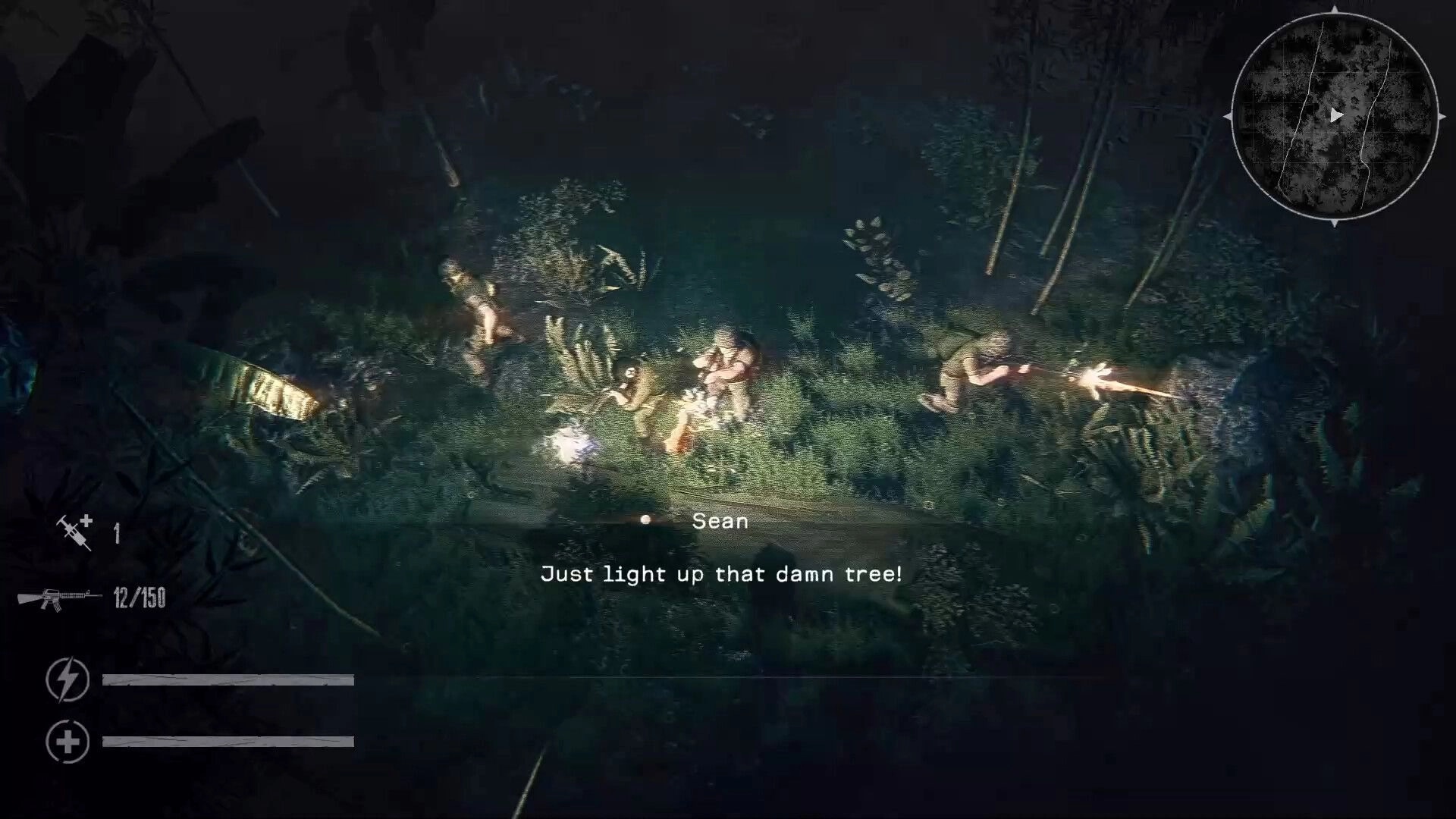 The Silent Jungle: Sean and soldiers in jungle combat, firing guns with map and health bars visible
