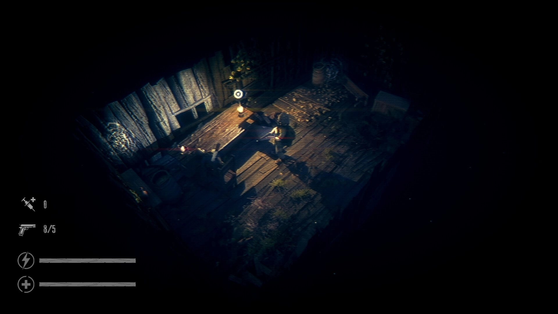 The Silent Jungle: Soldier explores dimly lit cabin with pistol drawn, UI shows ammo and health bars
