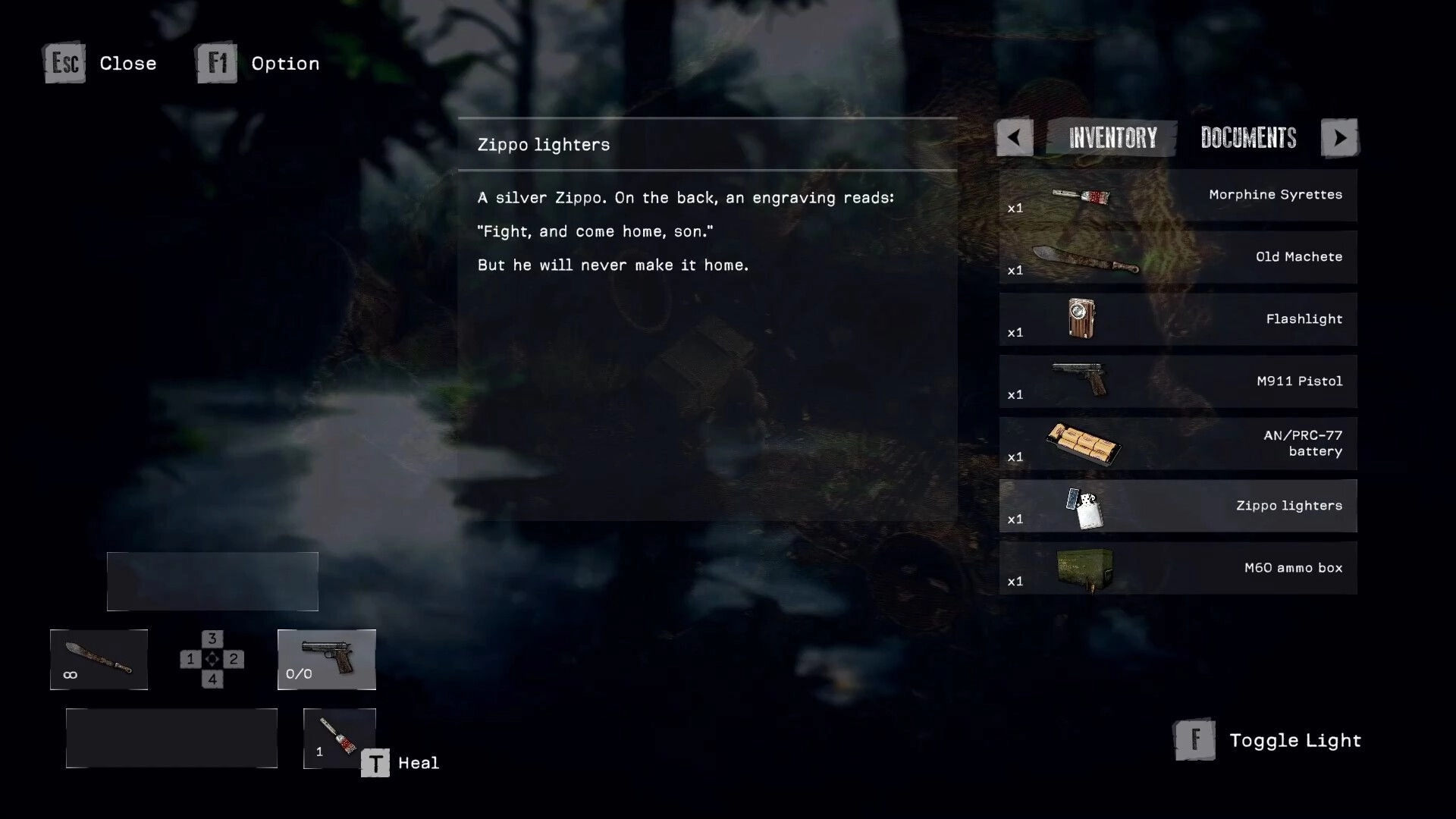 The Silent Jungle: Inventory menu displaying weapons, Zippo lighter with engraving, and healing items.