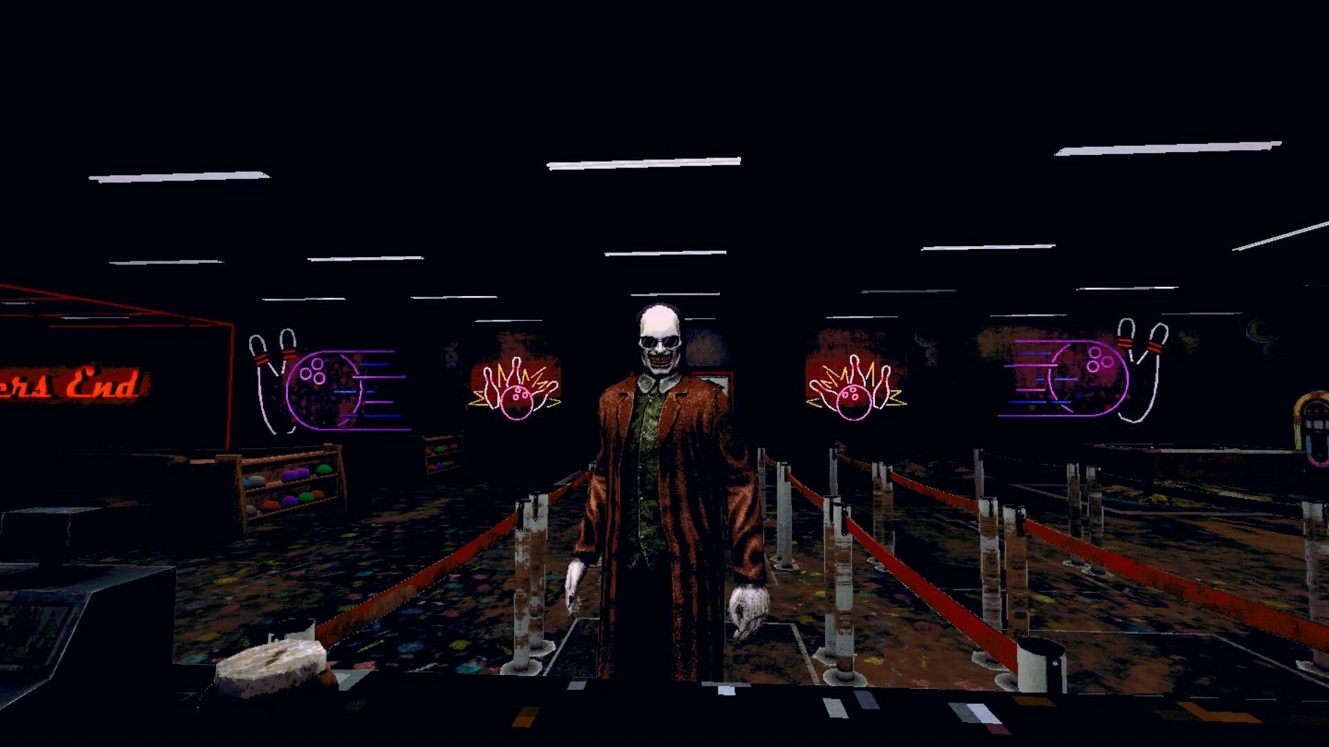 The Skin Stapler: Mysterious figure in trench coat stands in dimly lit bowling alley with neon signs