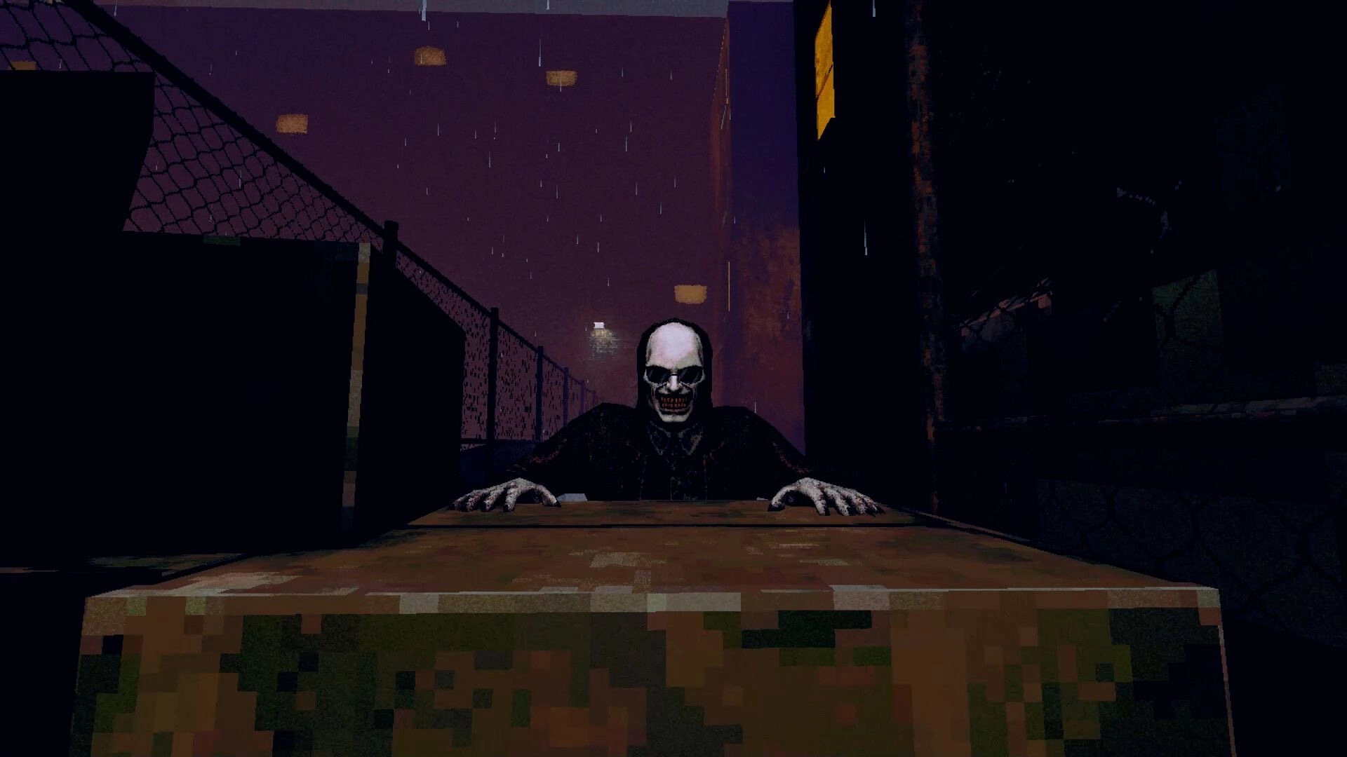 The Skin Stapler: Creepy figure with skull mask looms in a dark alley, rain falling in Carrion City.