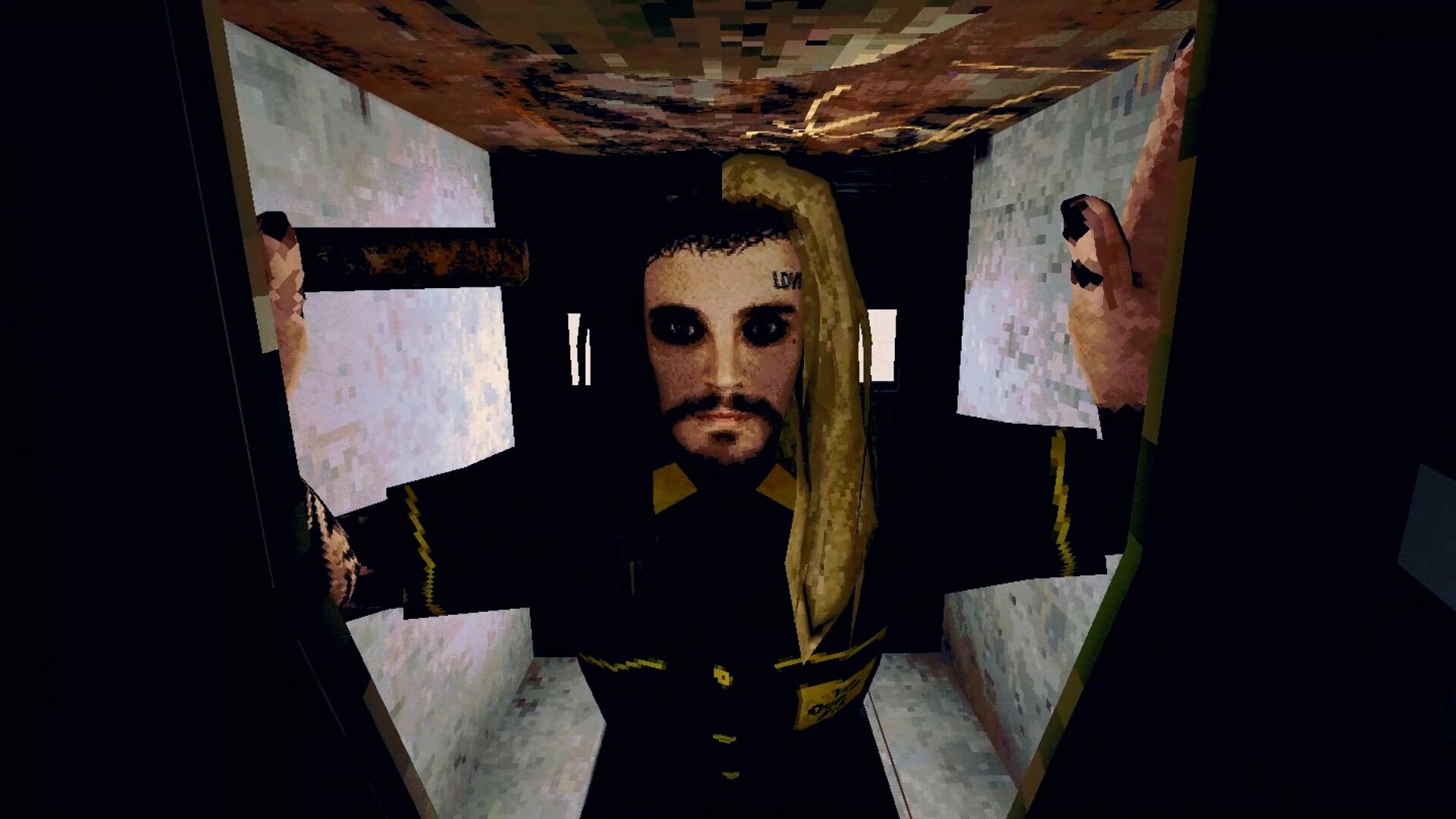 The Skin Stapler: Close-up of character with dark makeup in narrow, dimly lit hallway of Carrion City