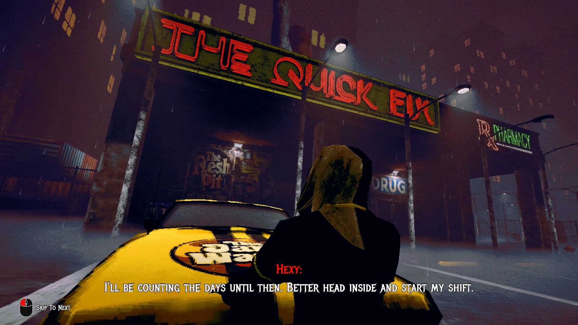 The Skin Stapler: Detective Hexy outside "The Quick Fix" under neon lights in rain-soaked Carrion City.
