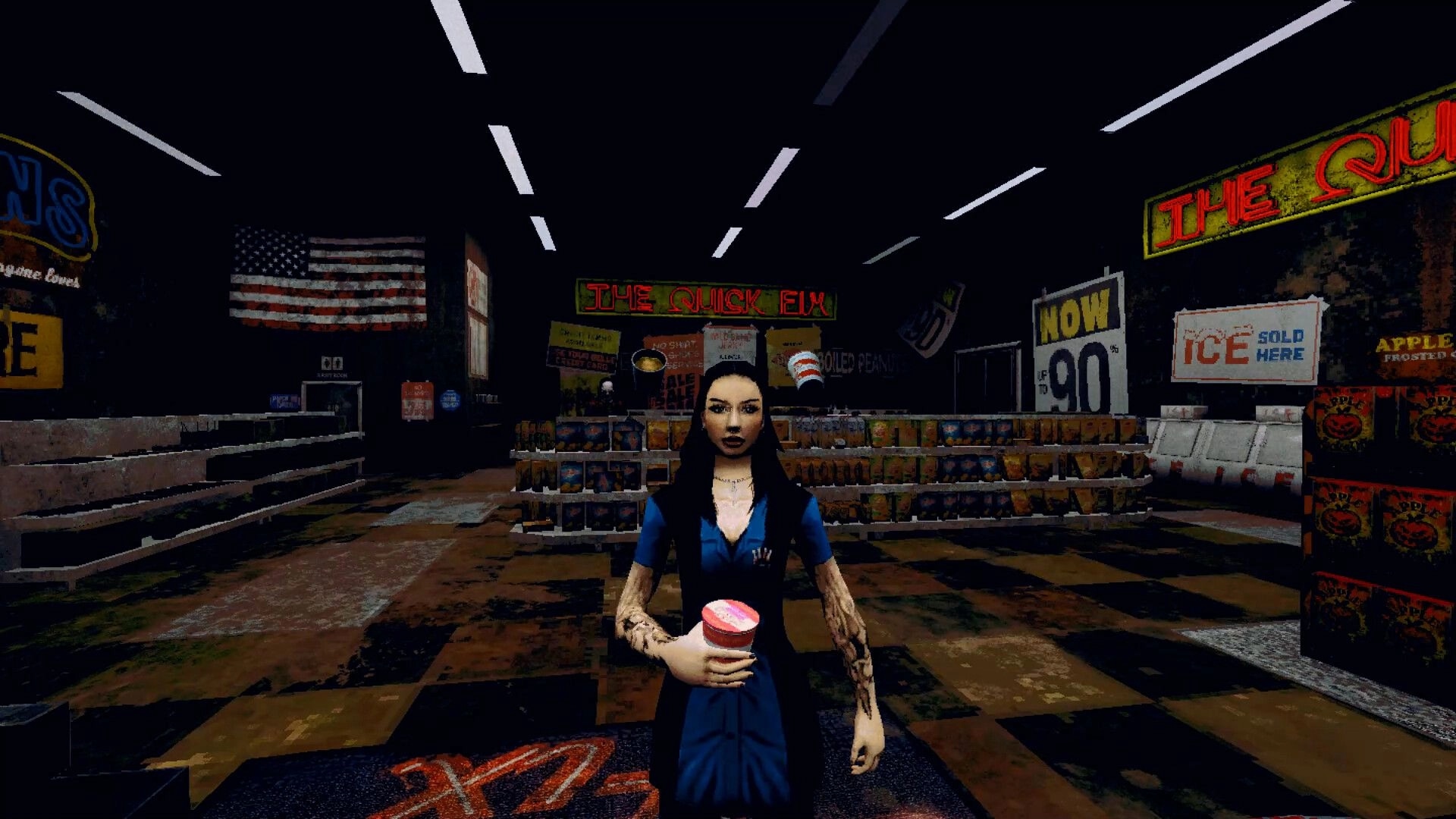 The Skin Stapler: Woman holding drink stands in dimly lit convenience store with shelves and neon signs.