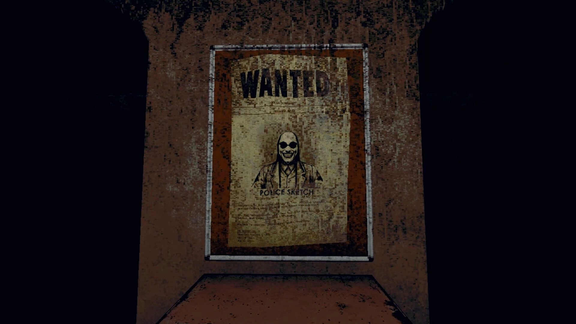 The Skin Stapler: Wanted poster of the serial killer in a dimly lit, grungy corridor of Carrion City.