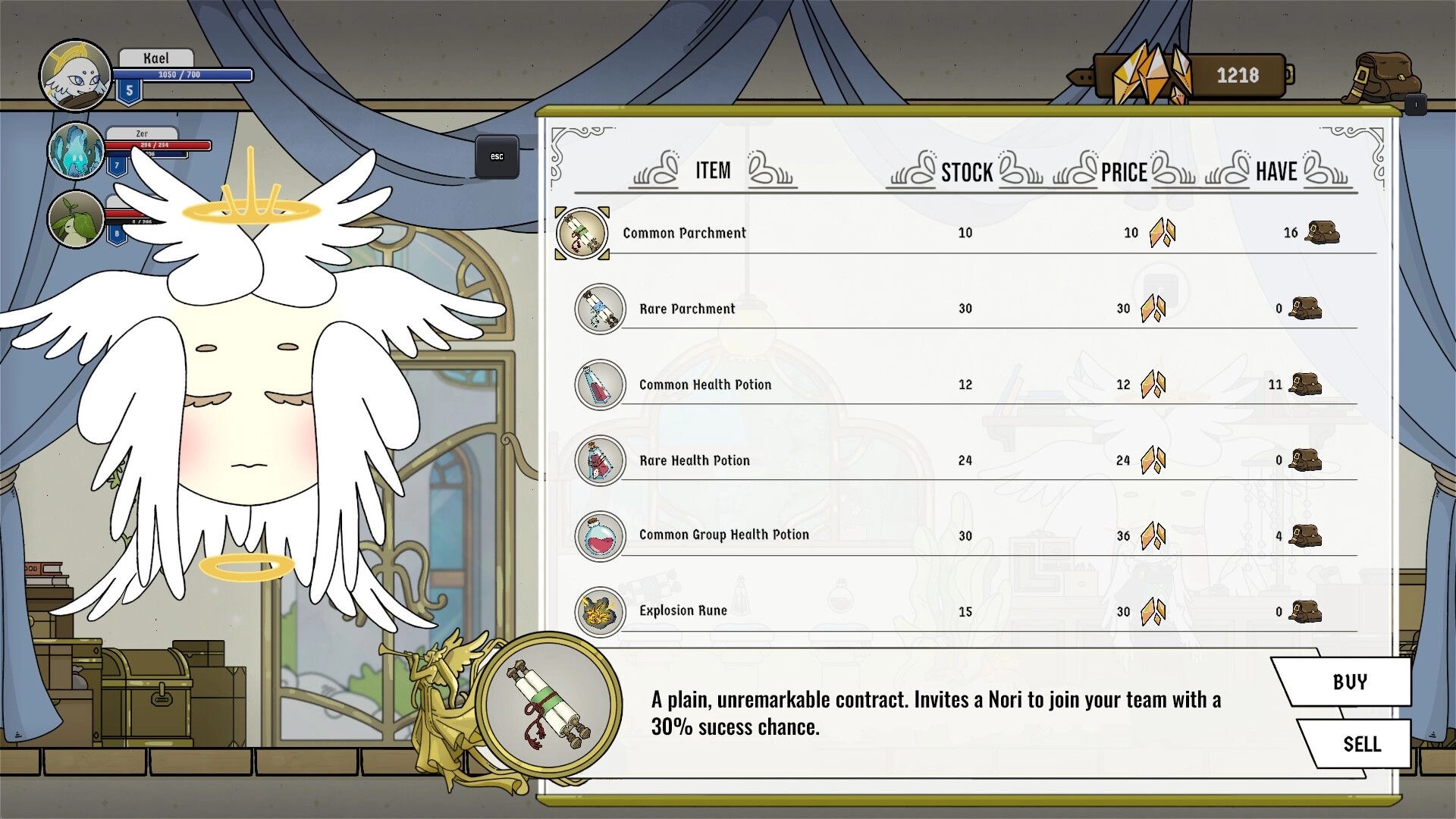 The Sky Project: Shop inventory menu with parchments and potions beside a floating winged NPC indoors.