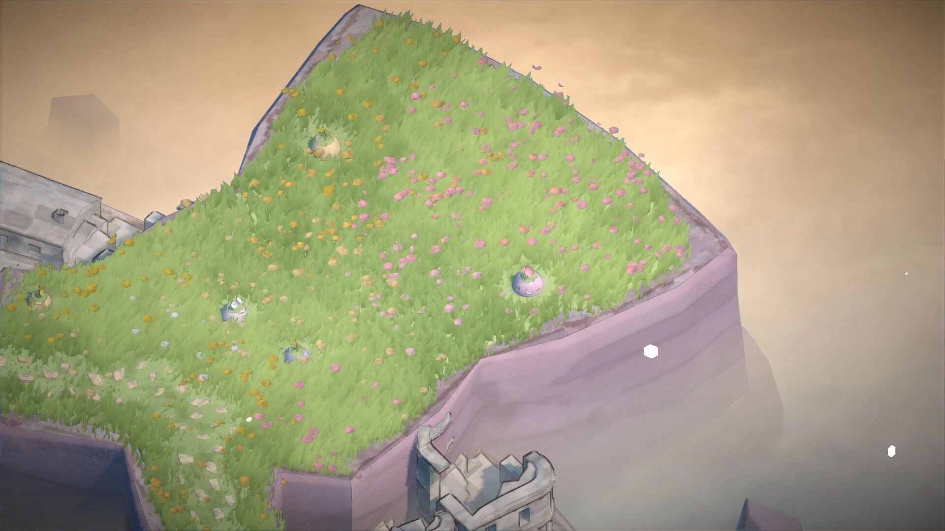 The Solace of Flowers: Vibrant grassy plateau with scattered blossoms atop a cliff in a hazy landscape.