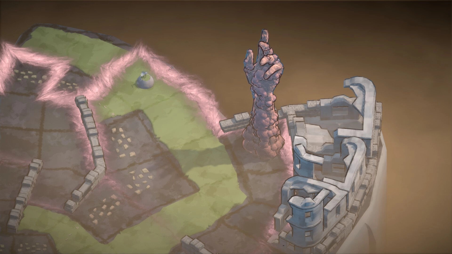 The Solace of Flowers: Overhead view of a corrupted landscape with a towering stone hand structure