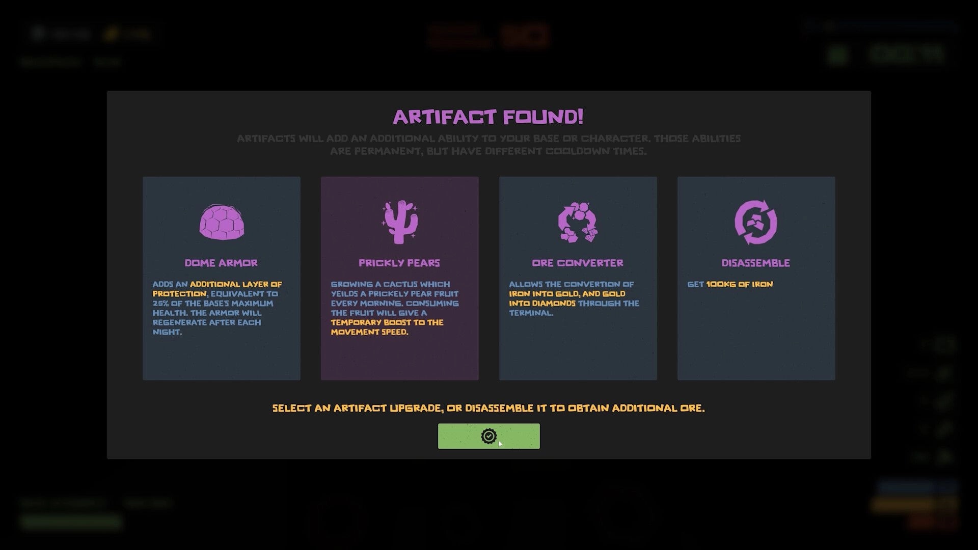 The Spotter: Artifact selection screen with options for Dome Armor, Prickly Pears, Ore Converter.
