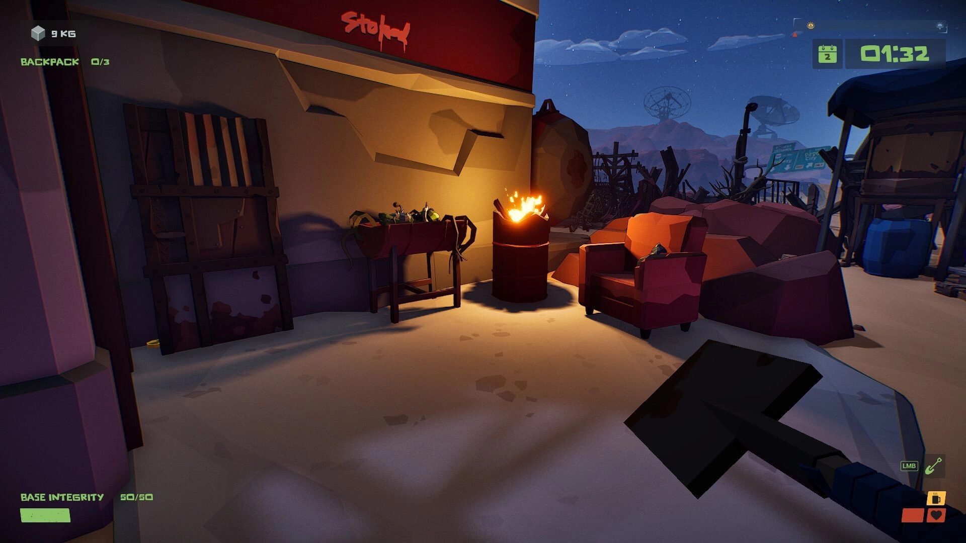 The Spotter: Shovel held near flaming barrel and chair at gas station with UI elements visible