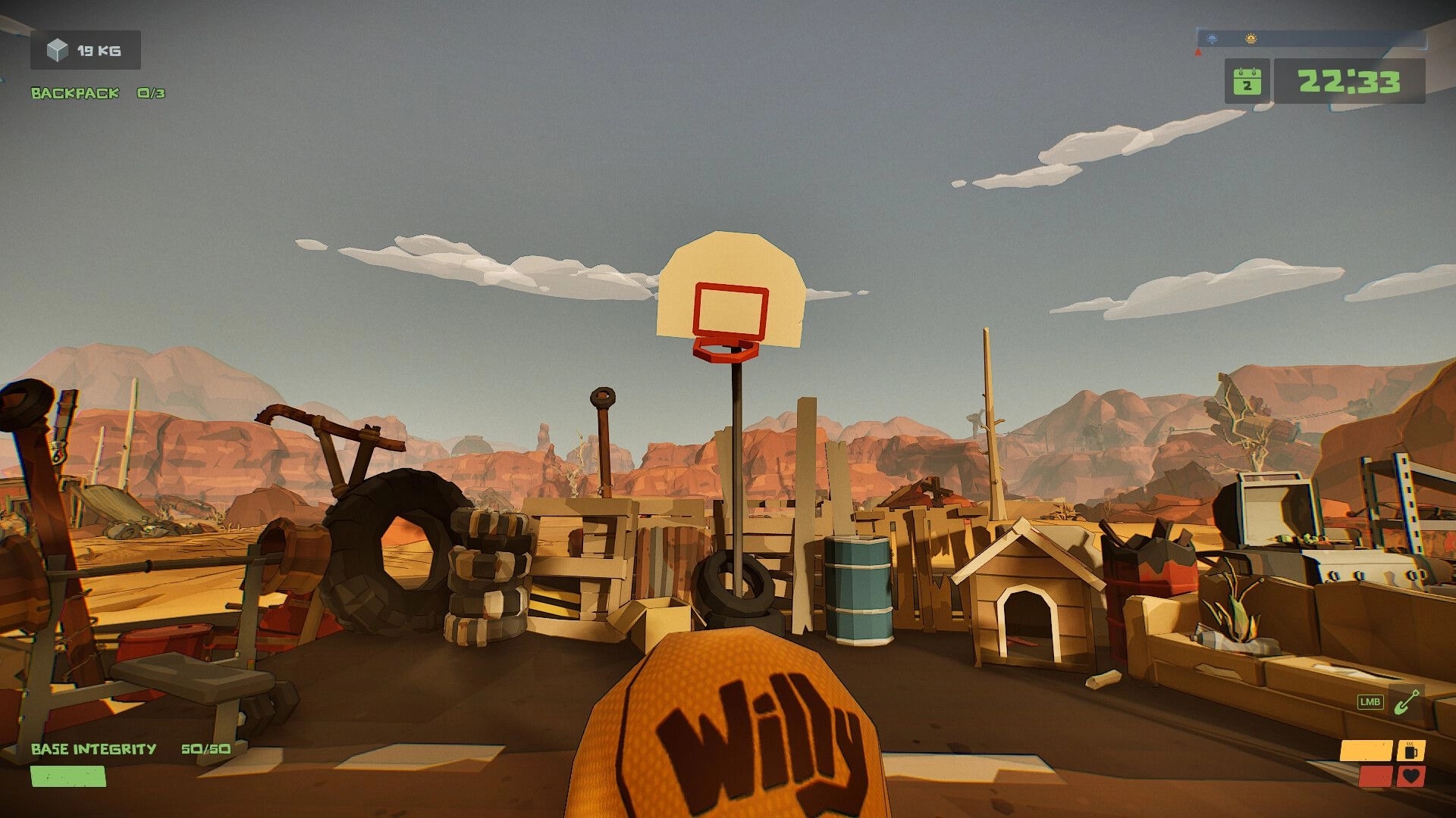 The Spotter: Player holding basketball at junkyard court with desert landscape and UI elements visible