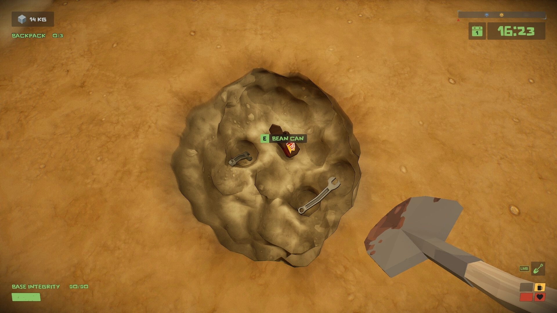 The Spotter: Player digs up a bean can and tools in a desert setting with inventory and time UI visible