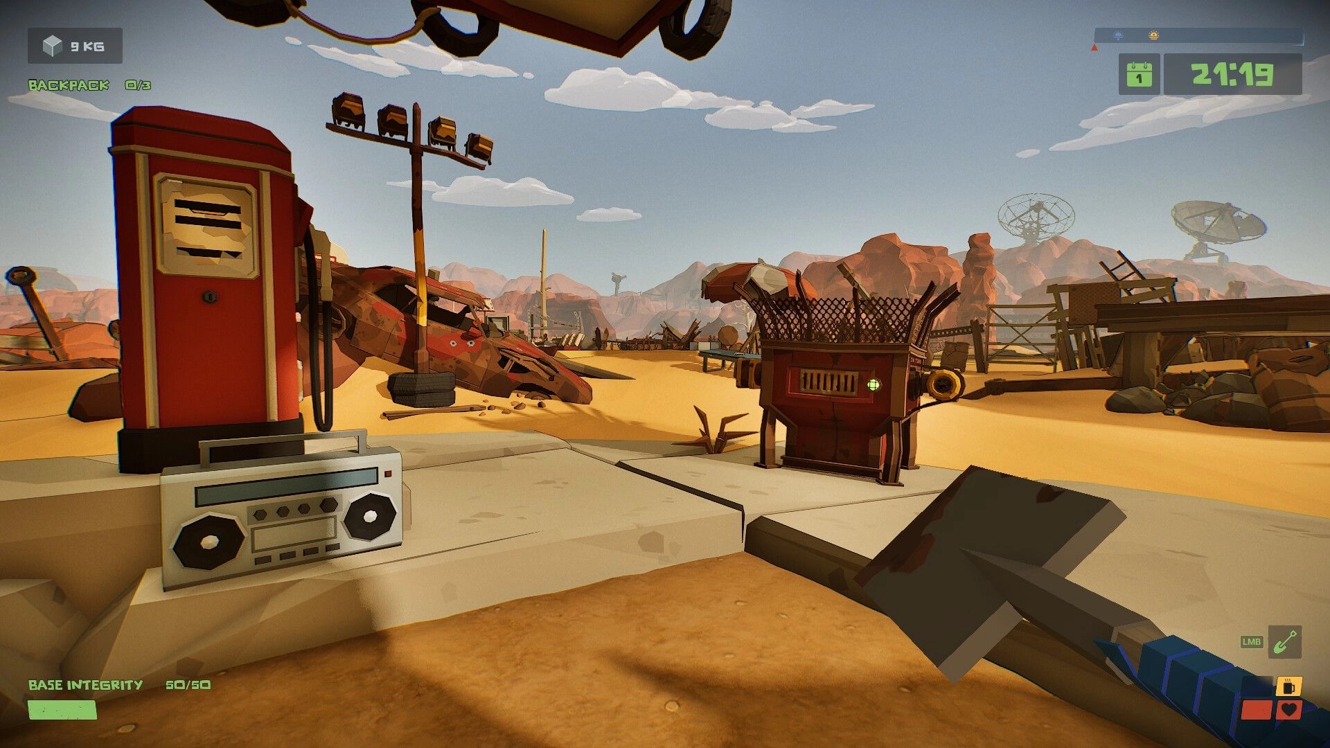 The Spotter: Ruined gas station with shovel, radio, and desert backdrop at daytime