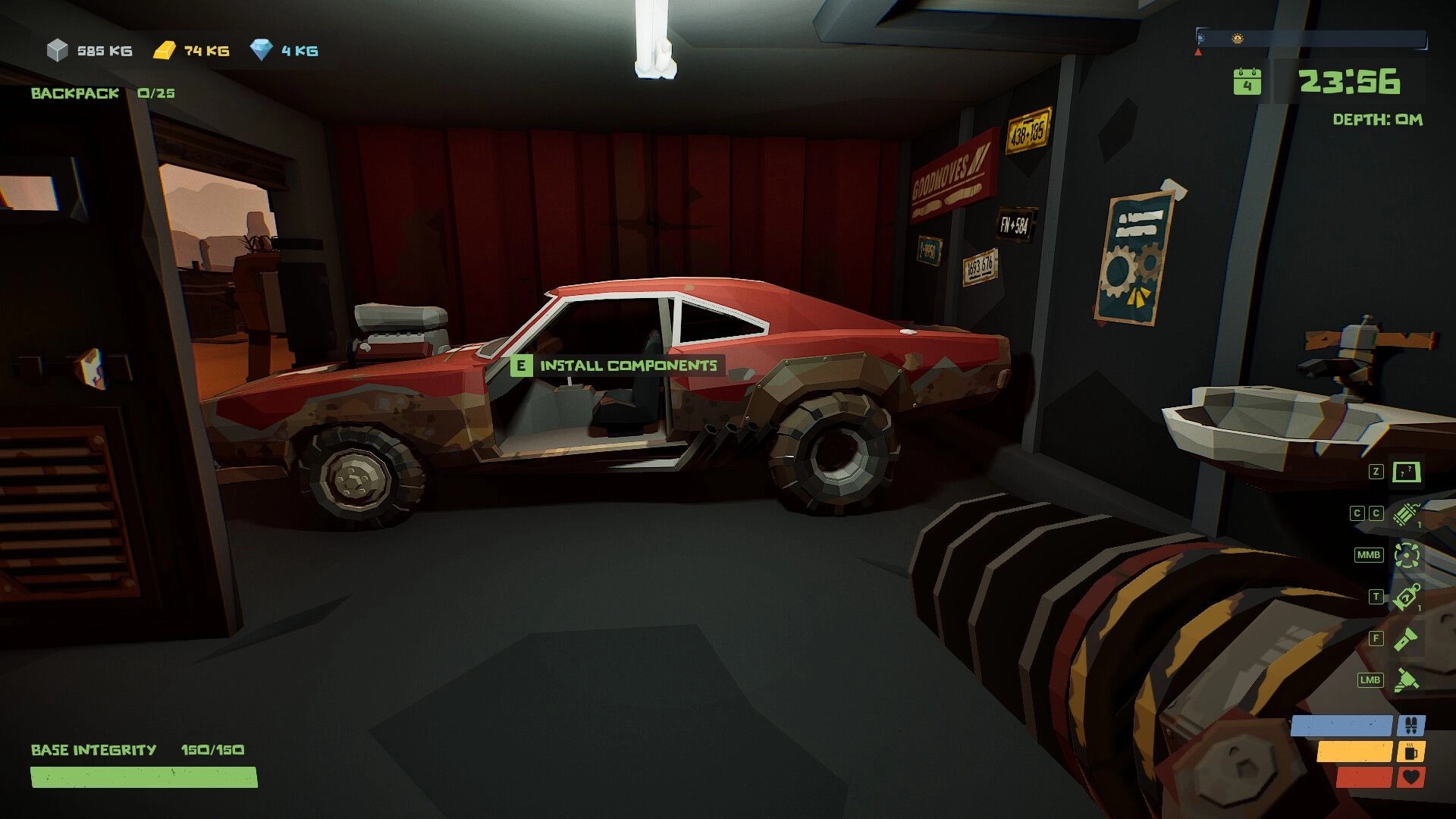 The Spotter: Player installs components in a red car inside a dimly lit garage with various UI elements.