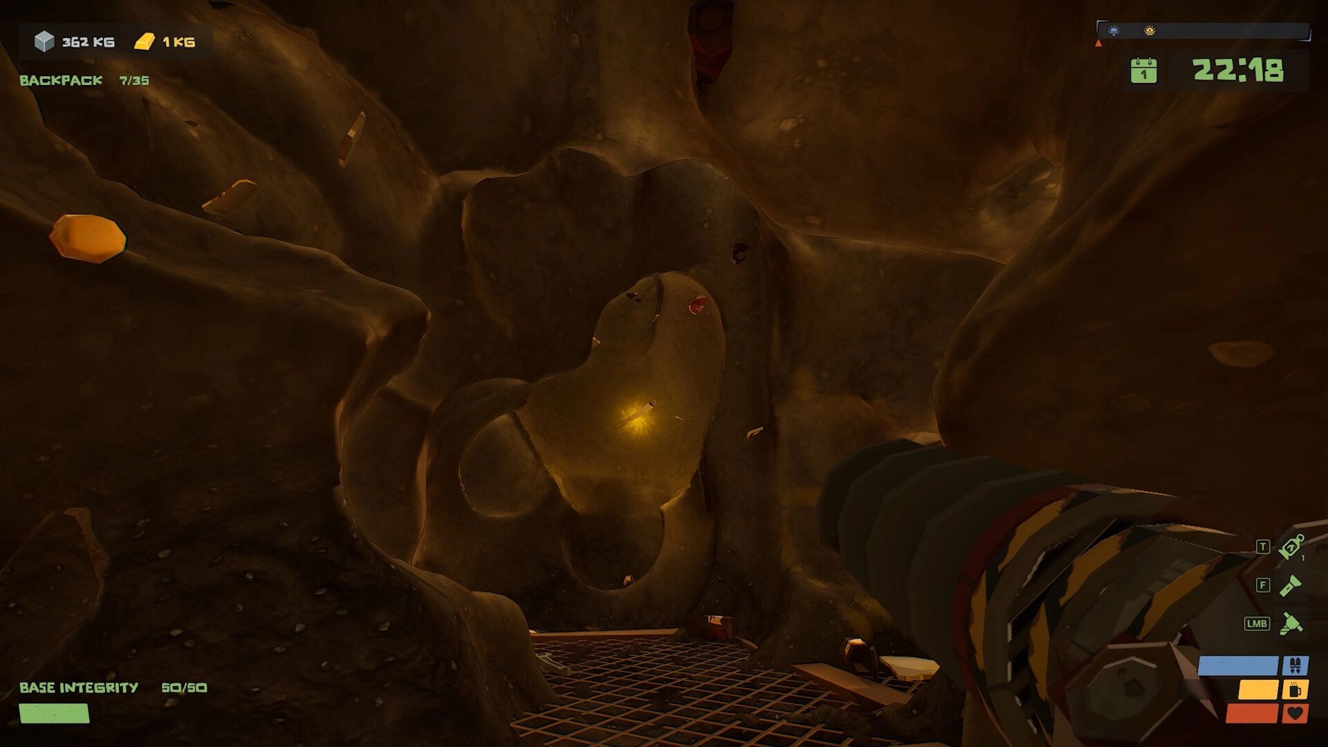 The Spotter: Player drilling underground cave with backpack UI and base integrity status visible