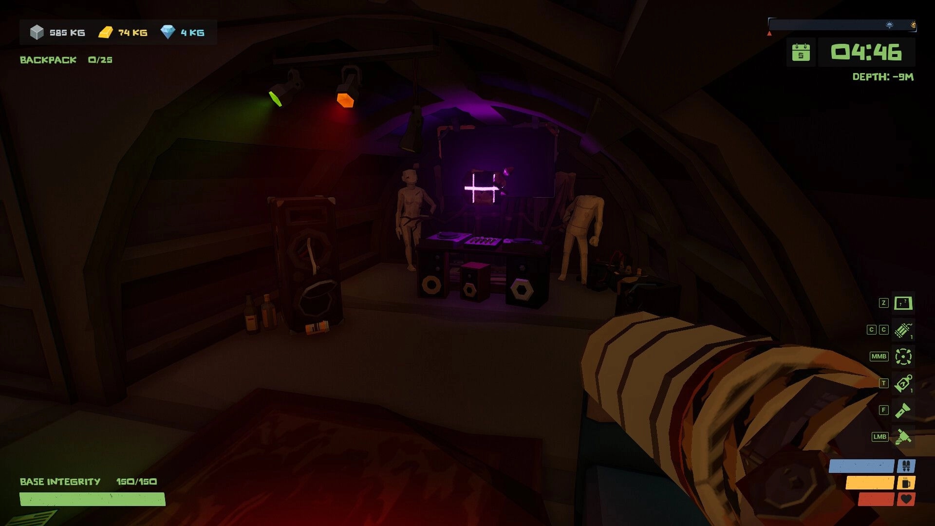 The Spotter: Underground lair with mannequins, speakers, and player HUD showing inventory and time.
