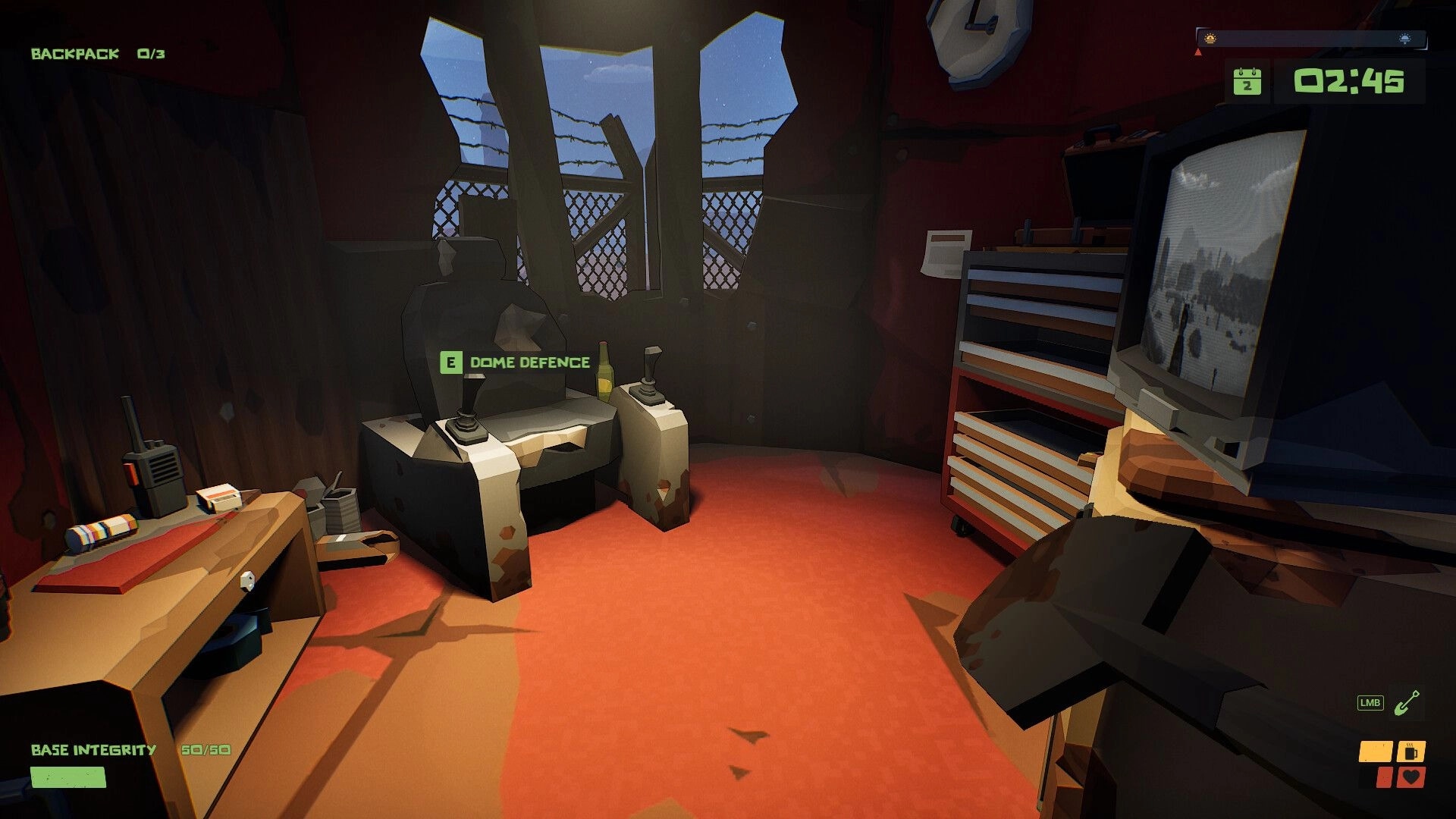 The Spotter: Interior of a gas station with Dome Defence console and tools scattered around.