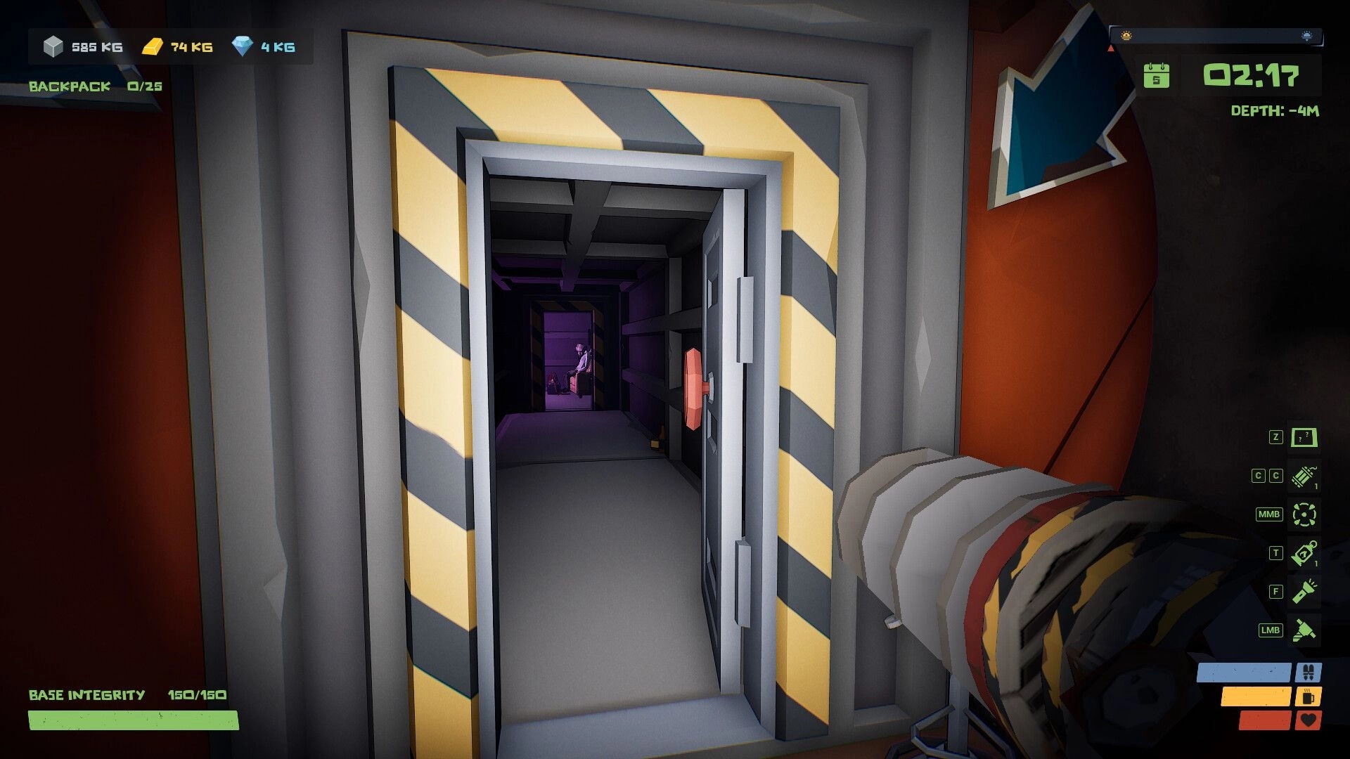 The Spotter: First-person view aiming at open bunker door in underground facility with UI elements active.