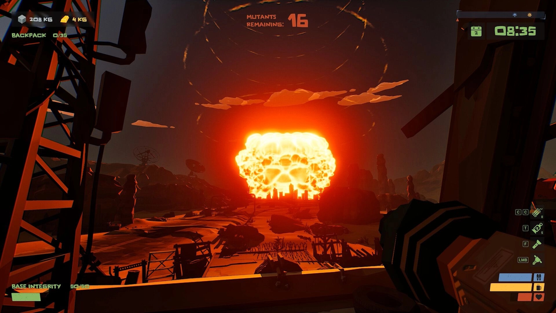 The Spotter: Massive explosion in desert wasteland with player HUD showing inventory and time remaining