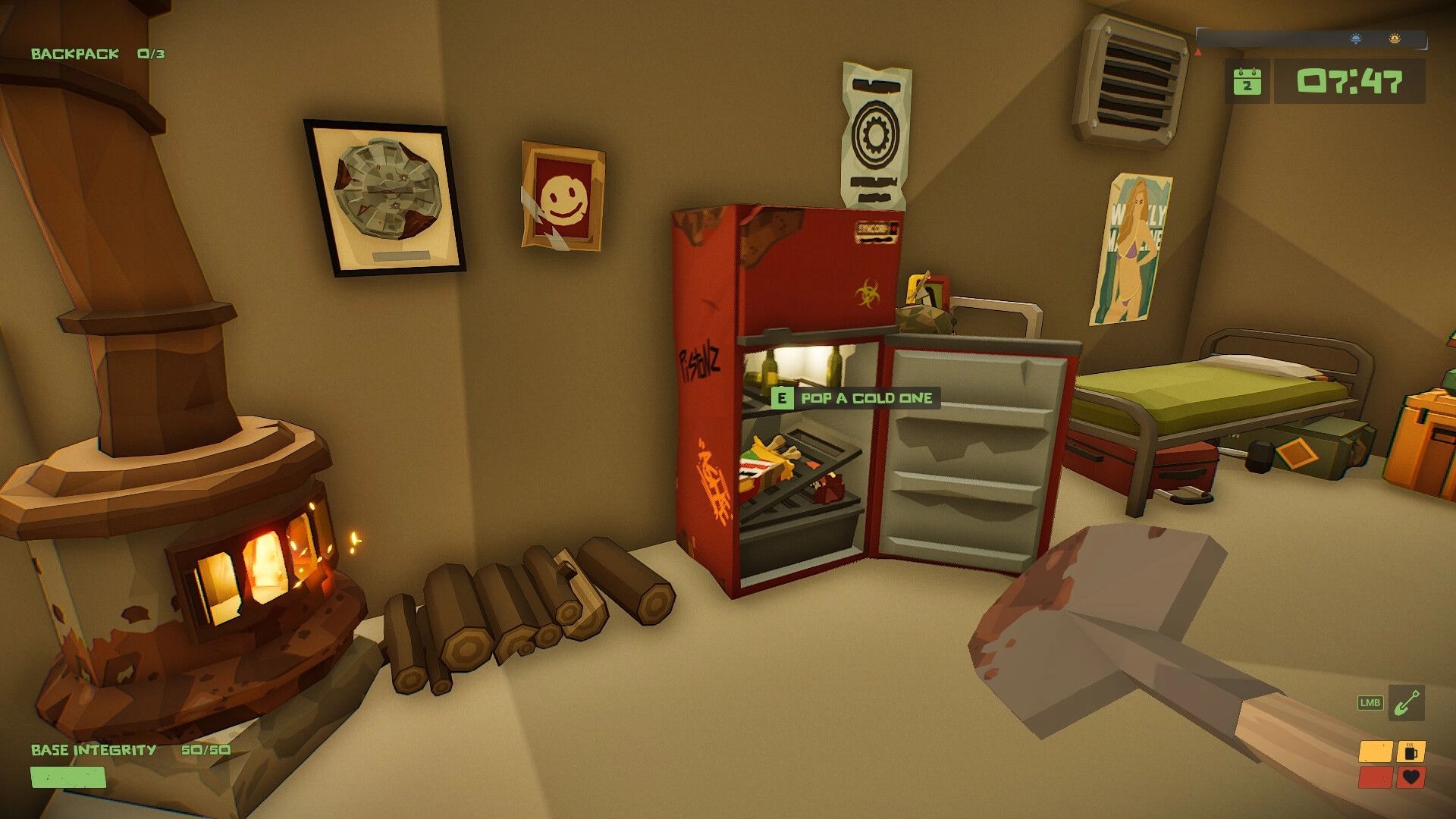 The Spotter: Cozy room with fridge interaction, log burner, and HUD elements in post-apocalyptic setting.